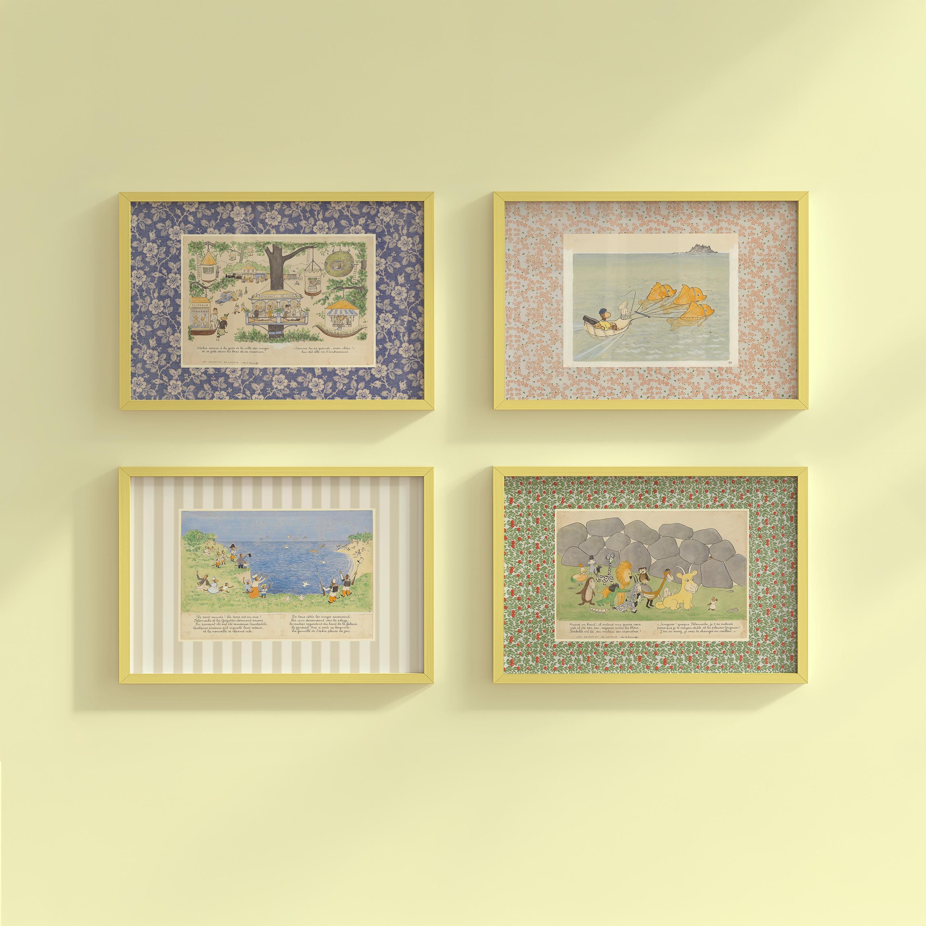 Vintage Babar Nursery DIGITAL DOWNLOADS, Set of 4 patterned prints, Kids Room Decor, Literary Elephant Wall Art, kids Room, zephir monkey
