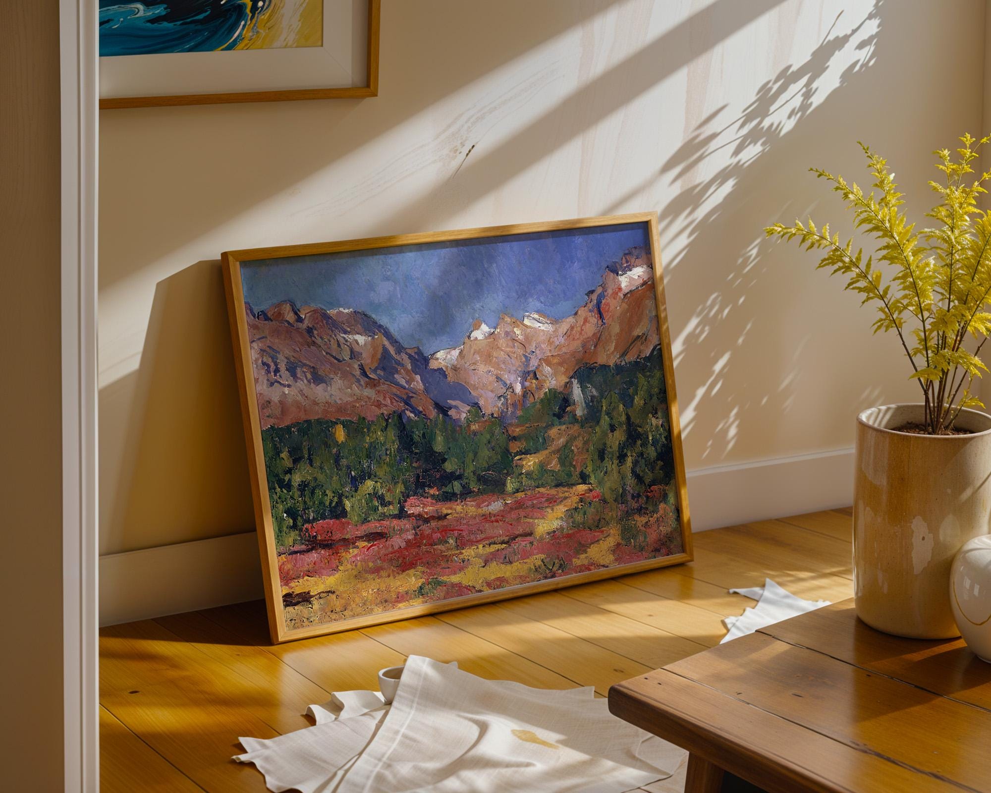 Vintage Country Landscape Painting: Colorful Autumn Landscape Art Print, Digital Download