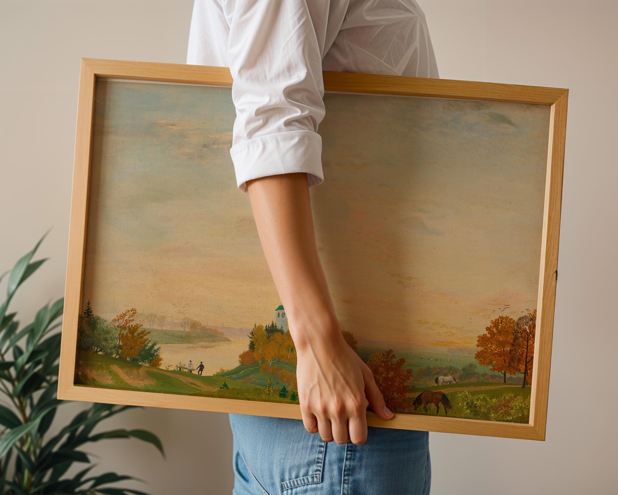 Vintage Country Landscape Painting: Colorful Autumn Pastoral Art Print, Digital Download