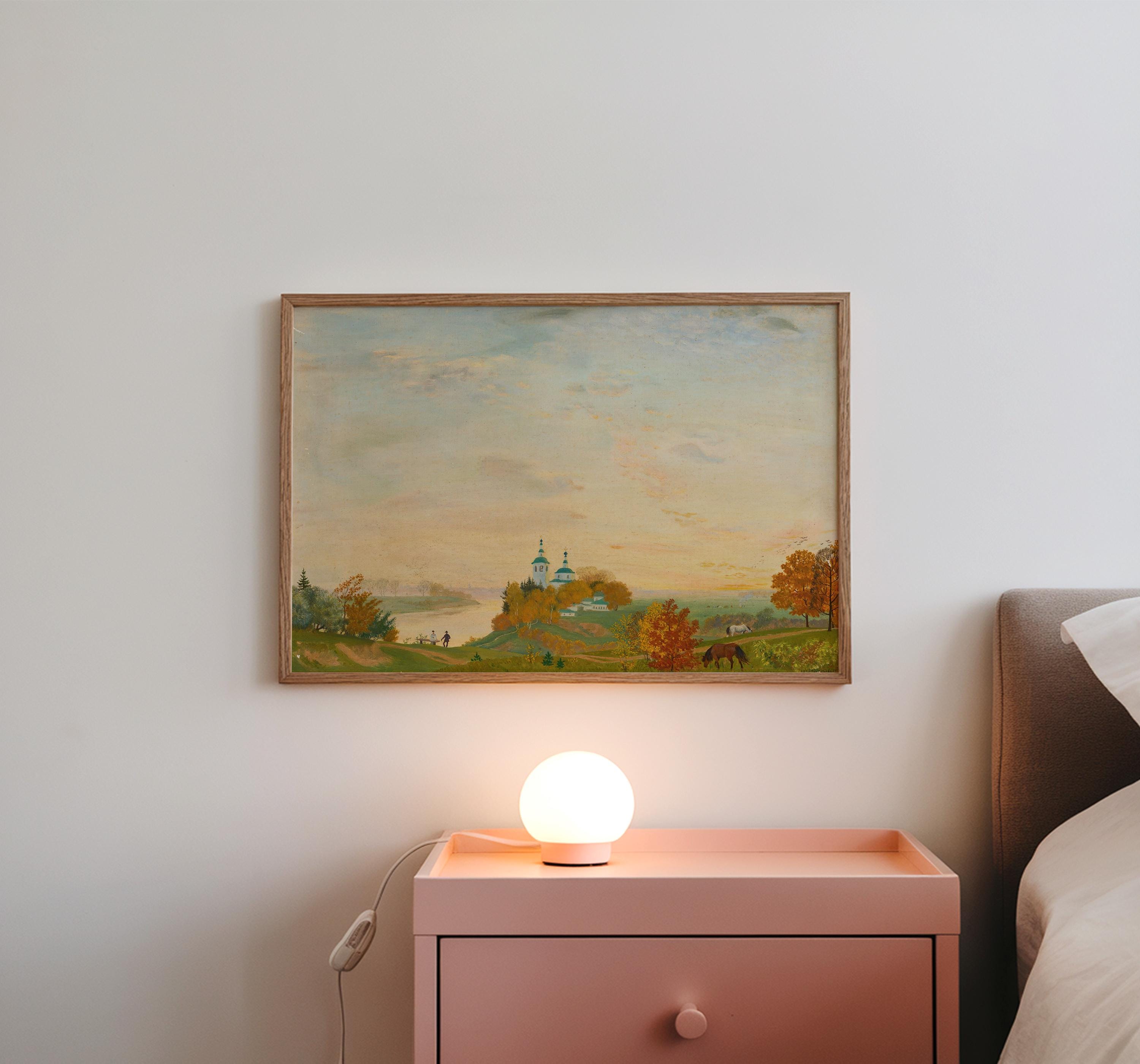 Vintage Country Landscape Painting: Colorful Autumn Pastoral Art Print, Digital Download