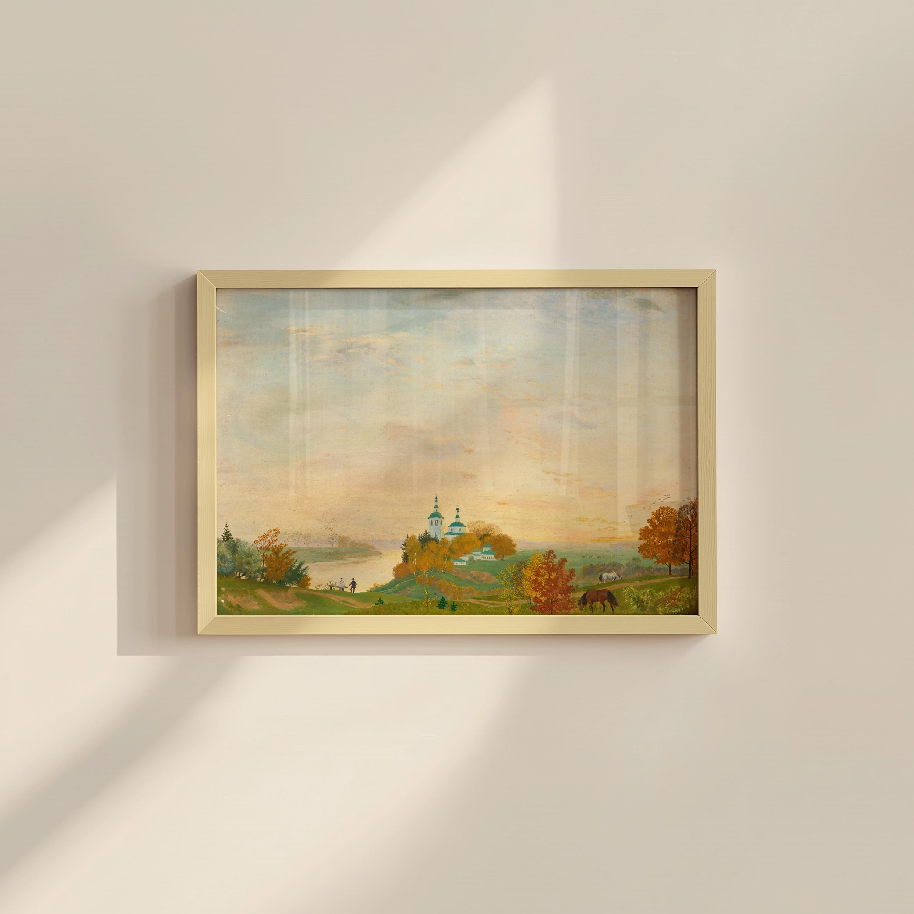 Vintage Country Landscape Painting: Colorful Autumn Pastoral Art Print, Digital Download