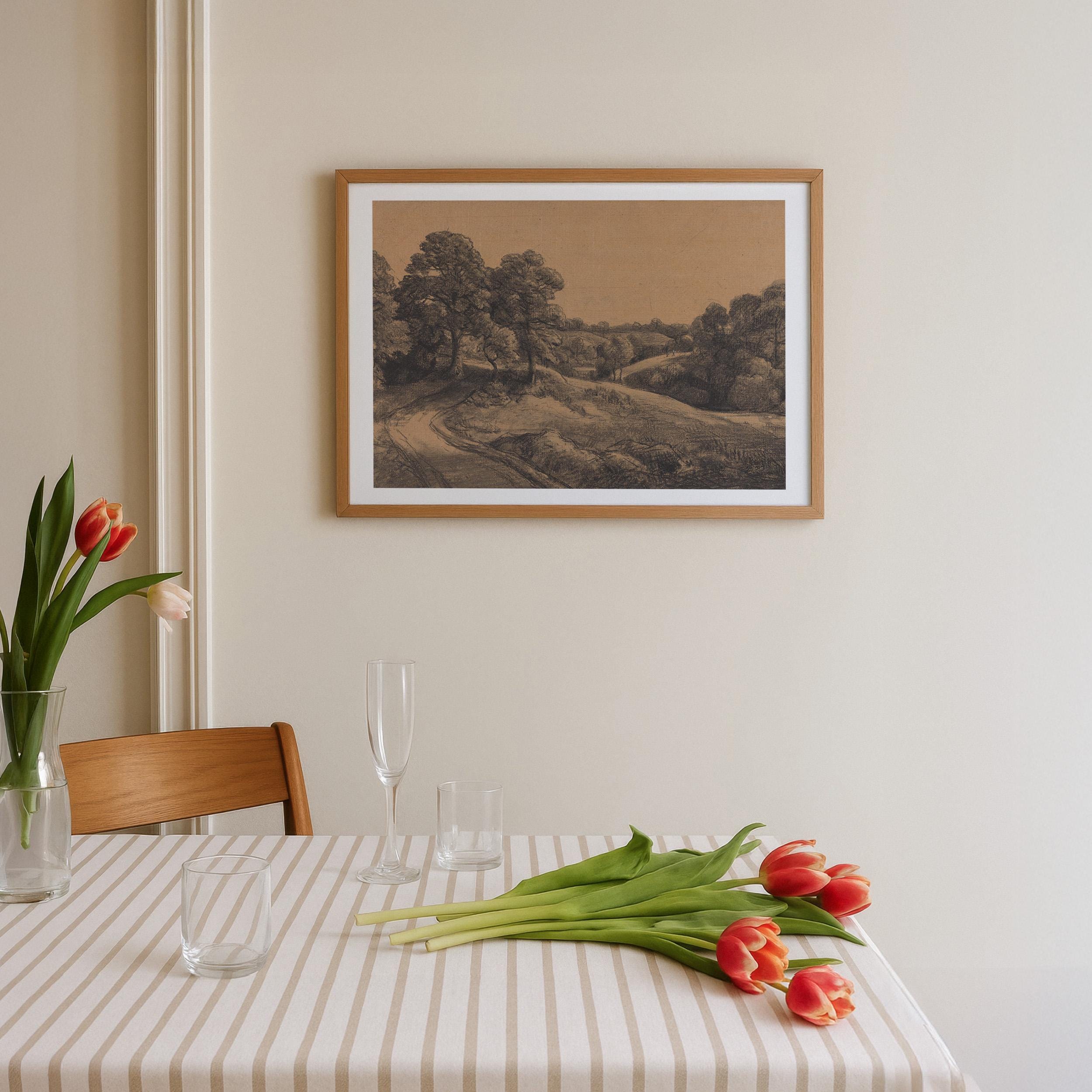 Landscape View Art Print: Neutral Vintage Landscape Sketch (Digital Download)