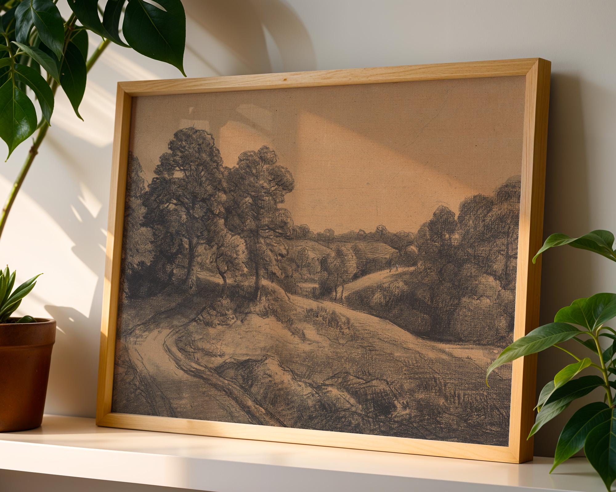 Landscape View Art Print: Neutral Vintage Landscape Sketch (Digital Download)