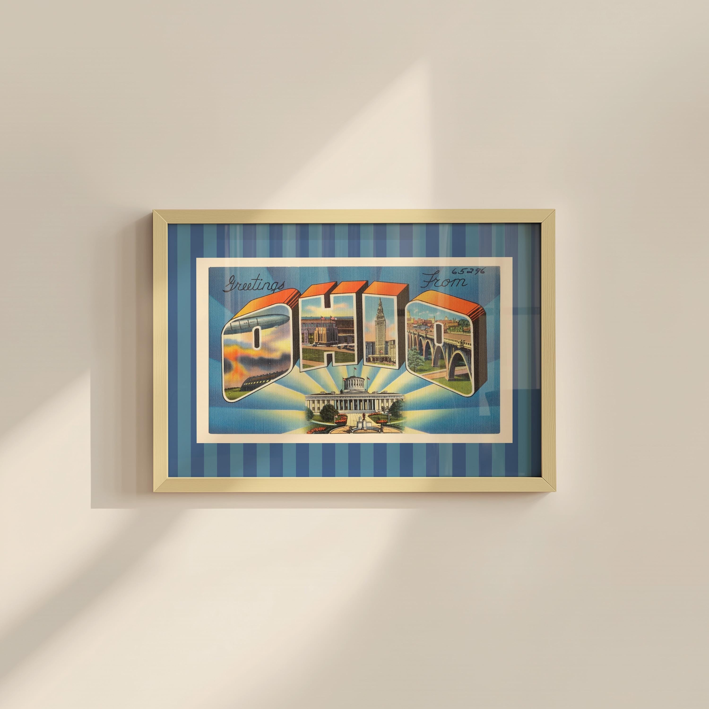 Ohio Wall Art Print Digital Download Ohio Poster Retro Travel Prints Ohio Dorm Decor Horizontal Ohio Photo Striped Blue Art Print