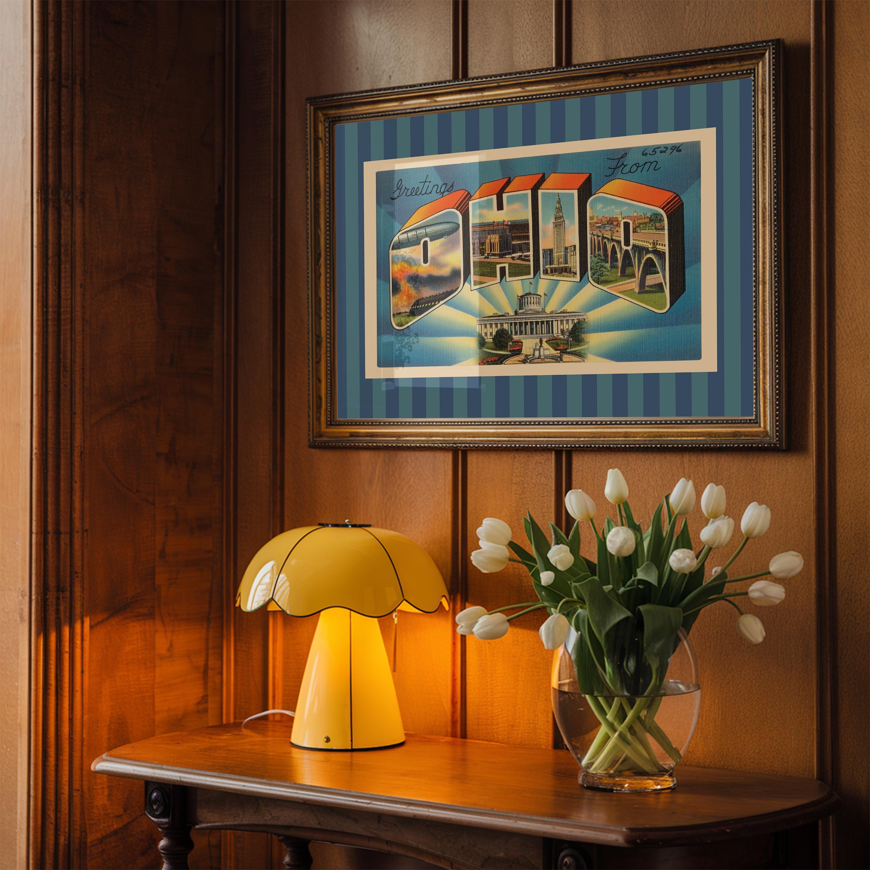 Ohio Wall Art Print Digital Download Ohio Poster Retro Travel Prints Ohio Dorm Decor Horizontal Ohio Photo Striped Blue Art Print