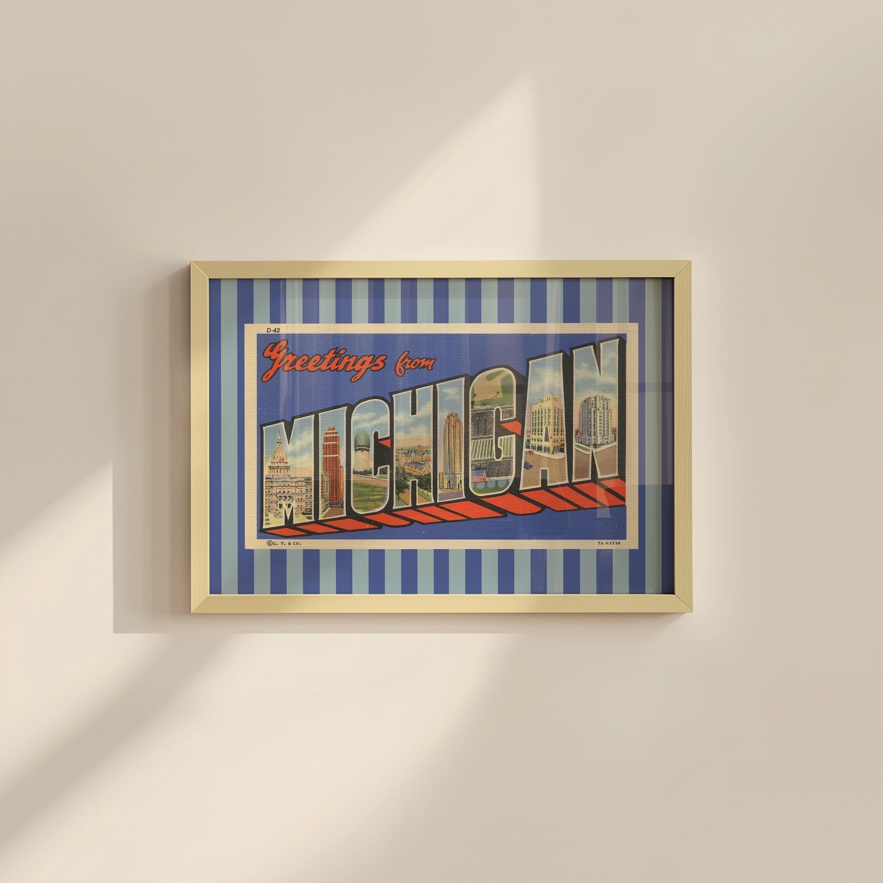 Michigan Wall Art Print Digital Download Michigan Poster Retro Travel Prints Michigan Dorm Decor Horizontal Photo Striped Blue Art Print