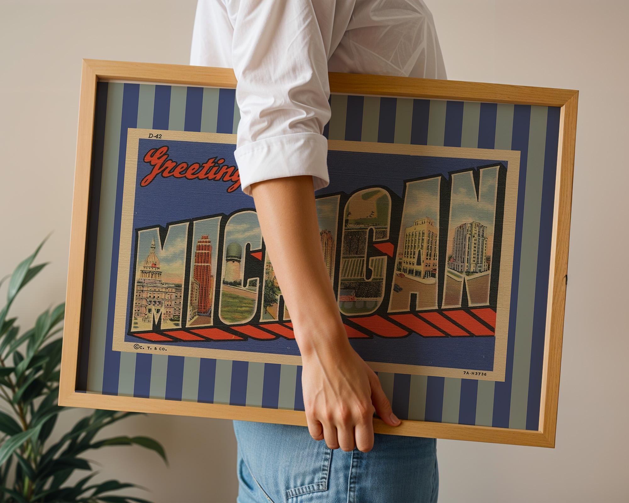 Michigan Wall Art Print Digital Download Michigan Poster Retro Travel Prints Michigan Dorm Decor Horizontal Photo Striped Blue Art Print