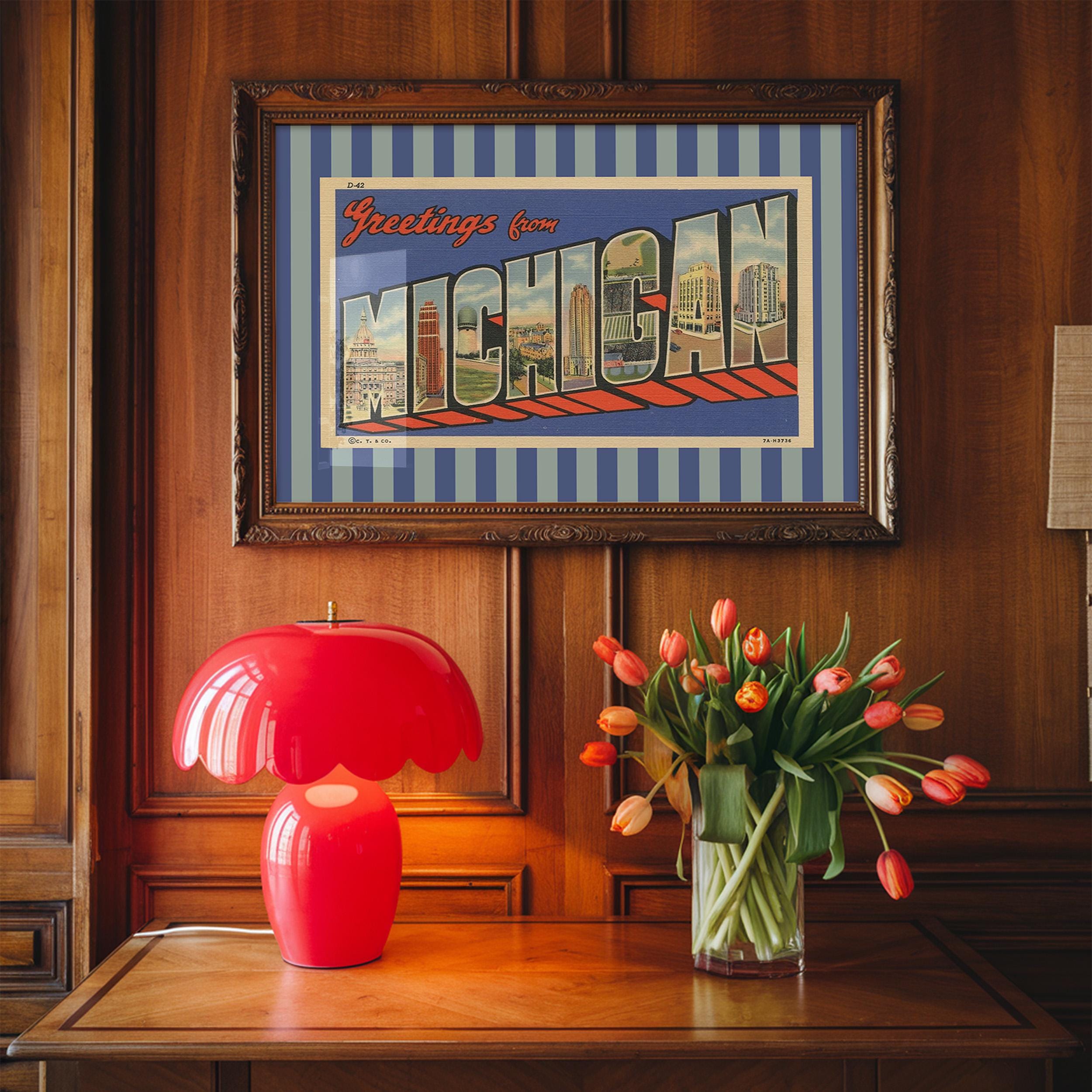 Michigan Wall Art Print Digital Download Michigan Poster Retro Travel Prints Michigan Dorm Decor Horizontal Photo Striped Blue Art Print
