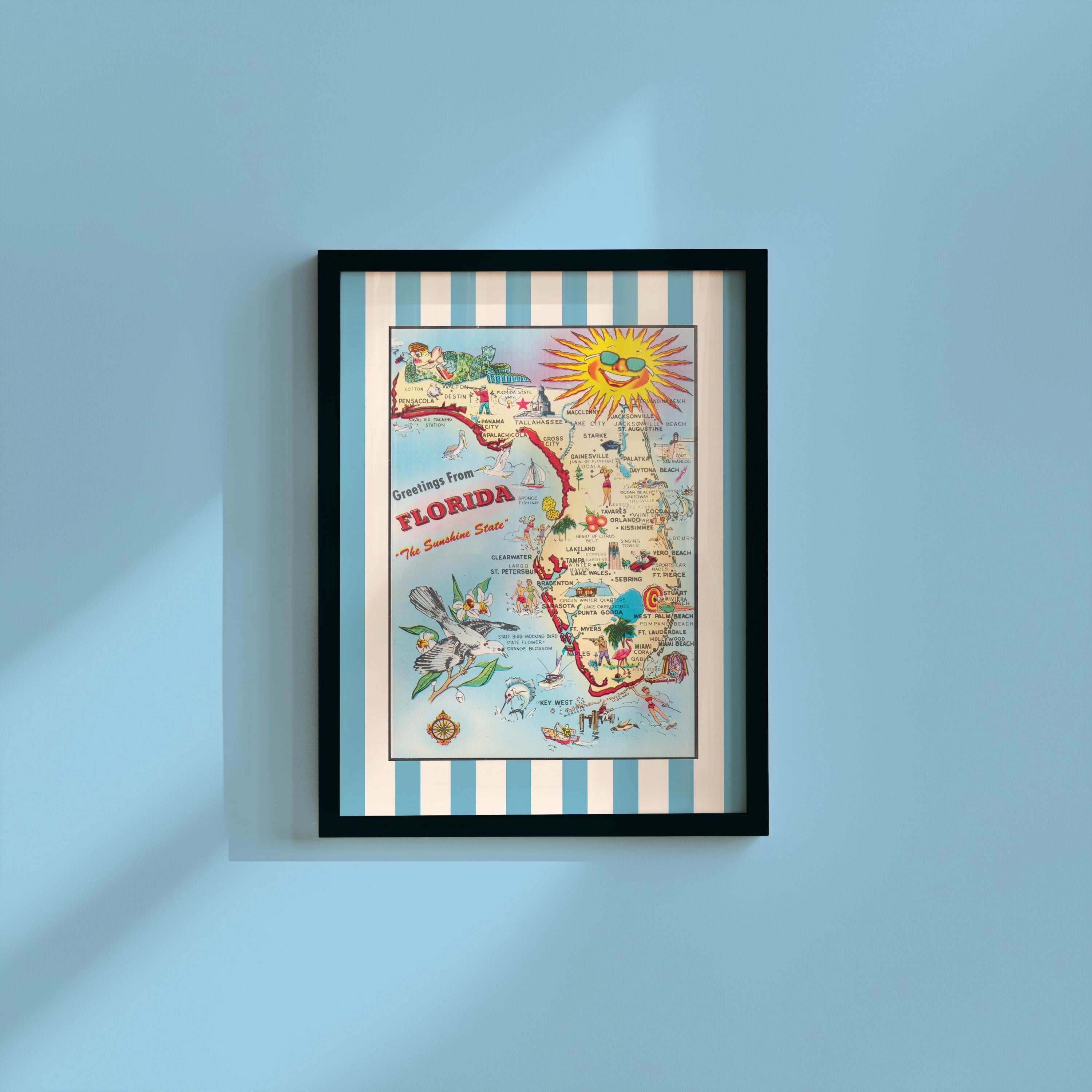 Florida Wall Art, Florida Vintage Poster Print, Trendy Striped Poster, Printable Bedroom Decor, Florida Map art print. Downloadable Print