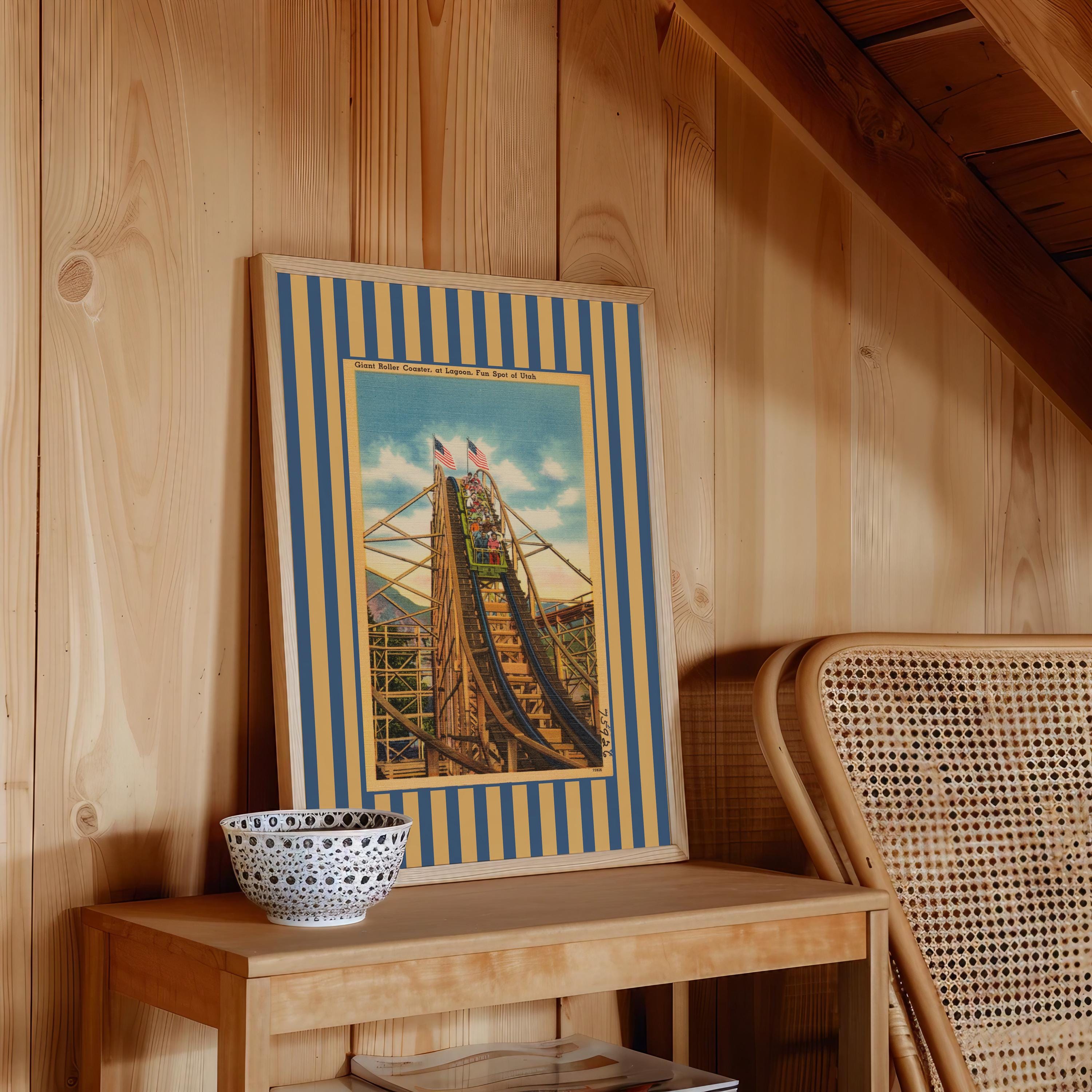 Carnival Art Print, Vintage Fair Decor, Digital Download, Vintage Postcard , Beach Art, Vintage Wall Art, Striped art print, roller coaster