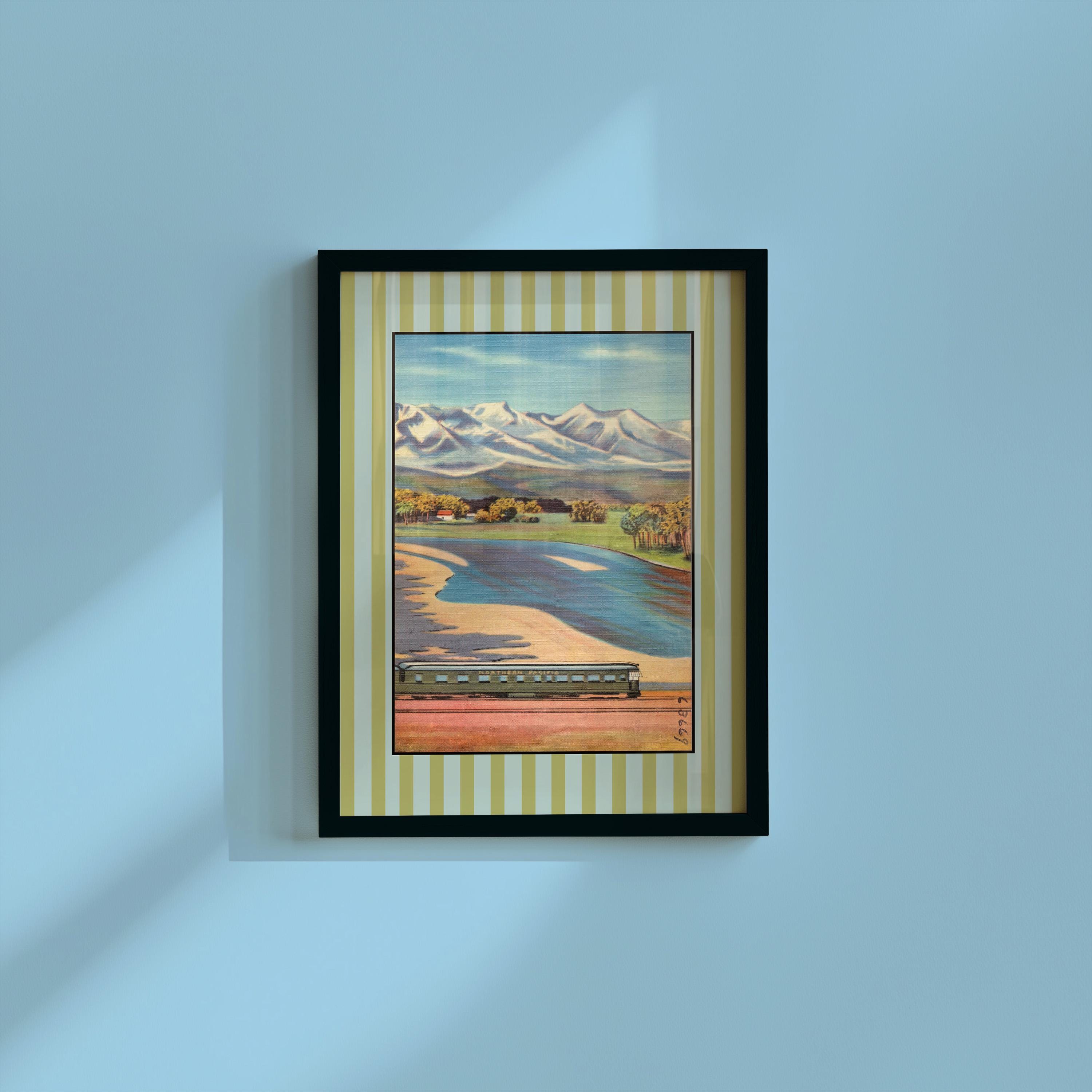 Train and Mountains Art Print, Vintage Decor, Digital Download, Vintage Postcard Art, Mountains Art, Travel Art, Striped art print