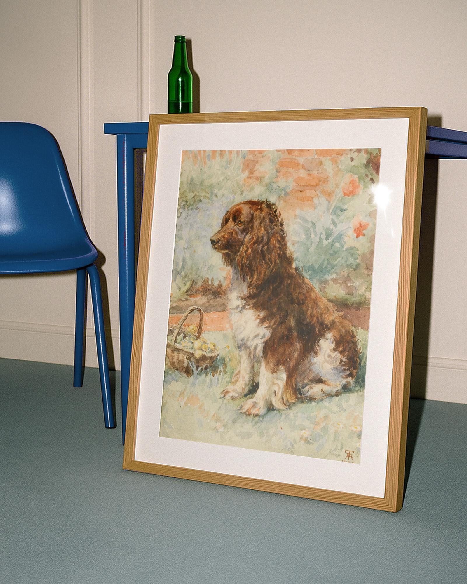 Small Dog Oil Painting, Vintage French 19th Century Art, Cute Dog Wall Art, Blue Dog Art Print, Digital Download, Digital Art Print