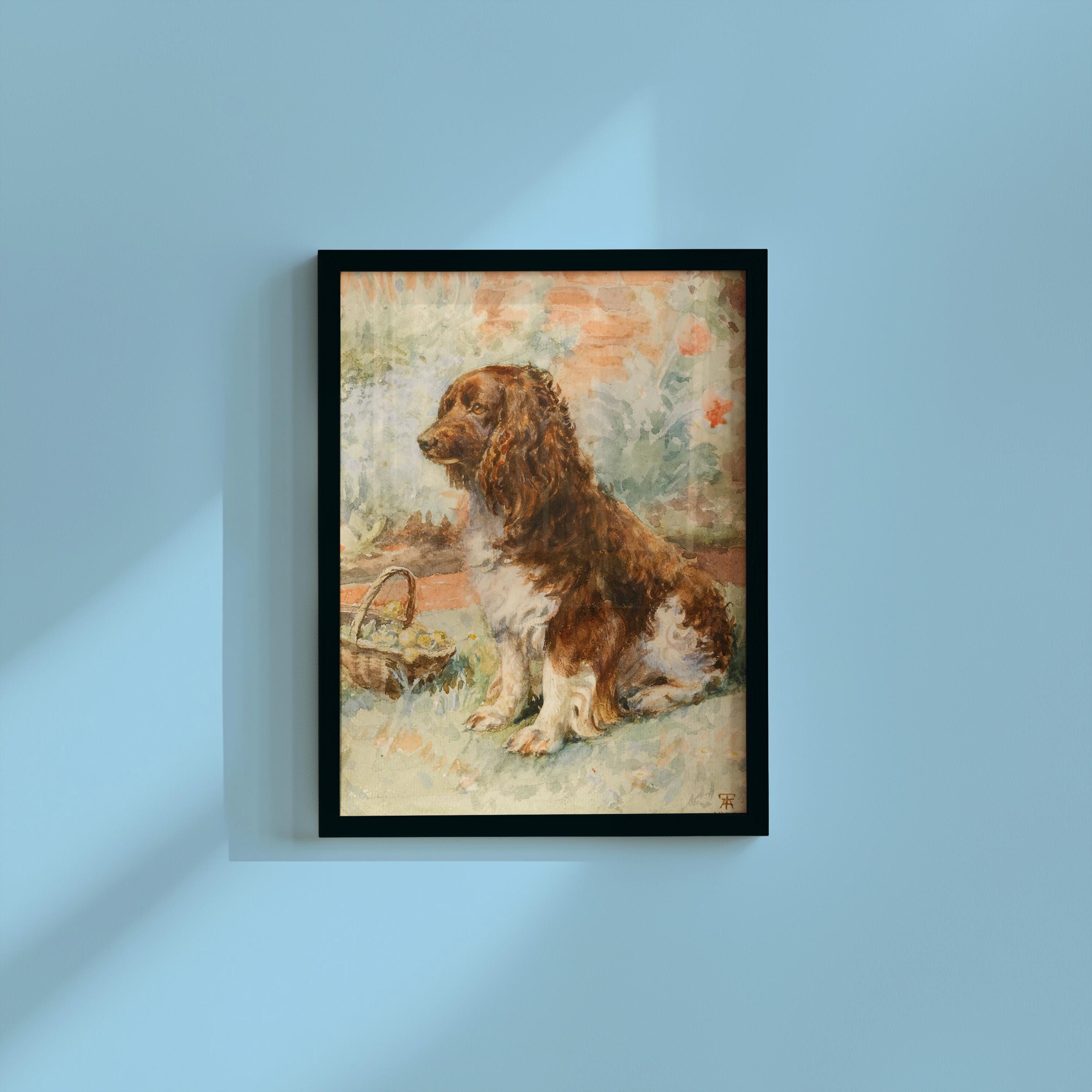Small Dog Oil Painting, Vintage French 19th Century Art, Cute Dog Wall Art, Blue Dog Art Print, Digital Download, Digital Art Print