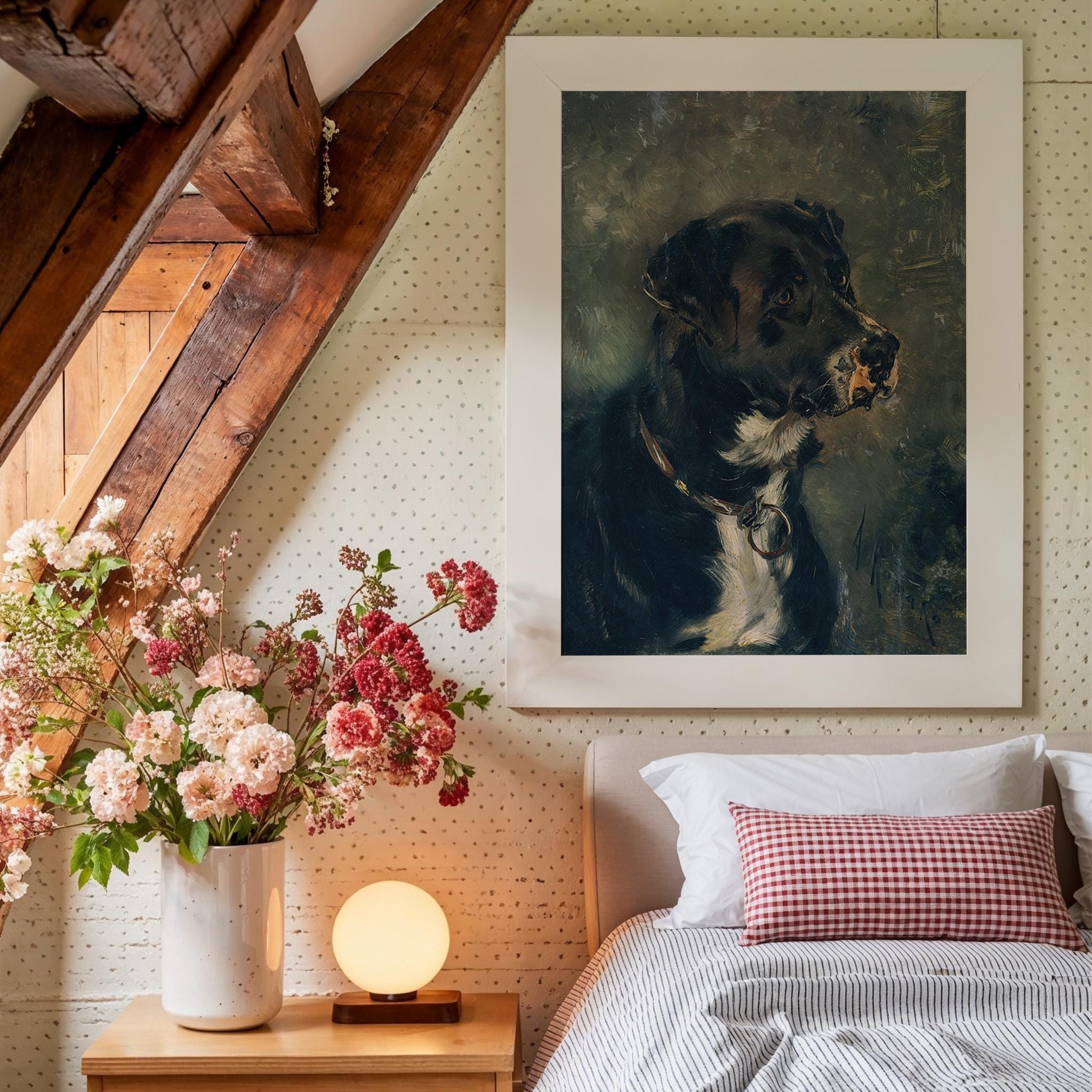 Dog Black Oil Painting, Vintage French 19th Century Art, Cute Dog Wall Art, Black Dog Art Print, Digital Download, Digital Art Print