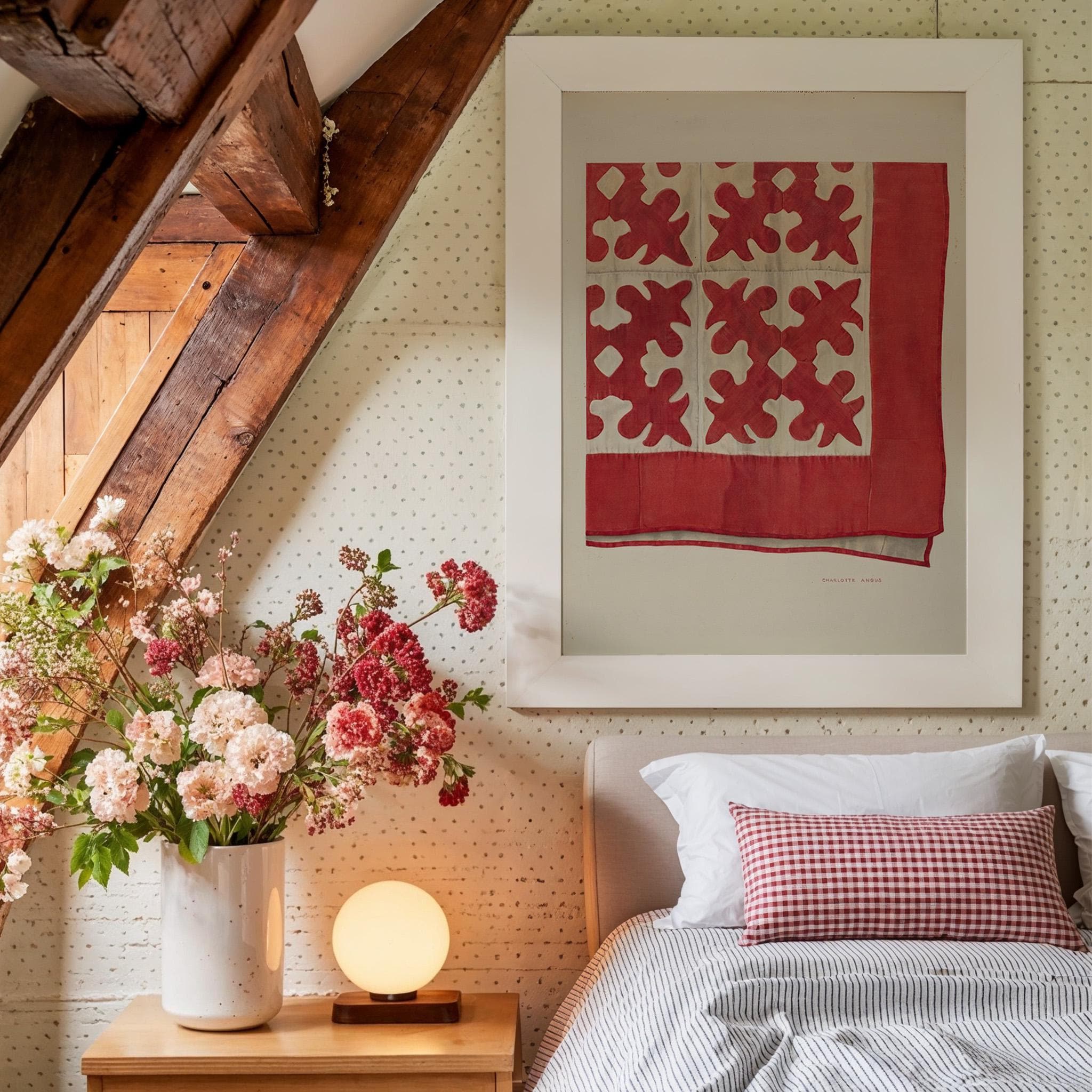Floral Quilt Art Print for English Cottage Decor, Digital Download, folk art, quilt art print, americana art decor, red and beige decor