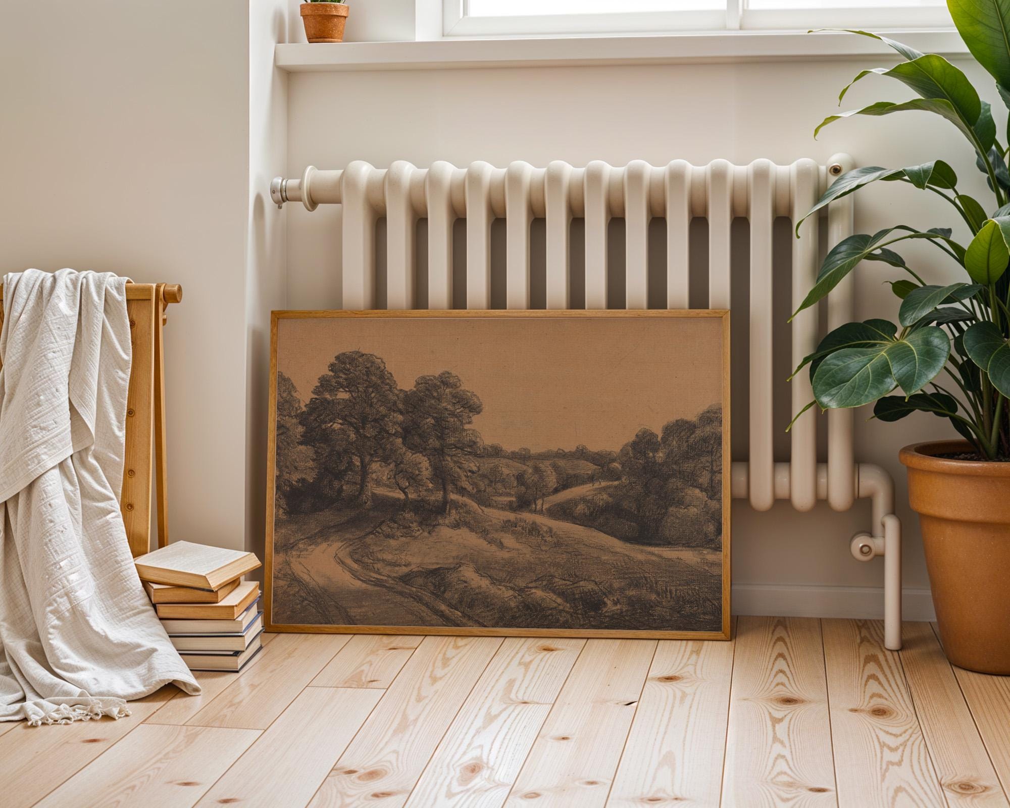 Landscape View Art Print: Neutral Vintage Landscape Sketch (Digital Download)