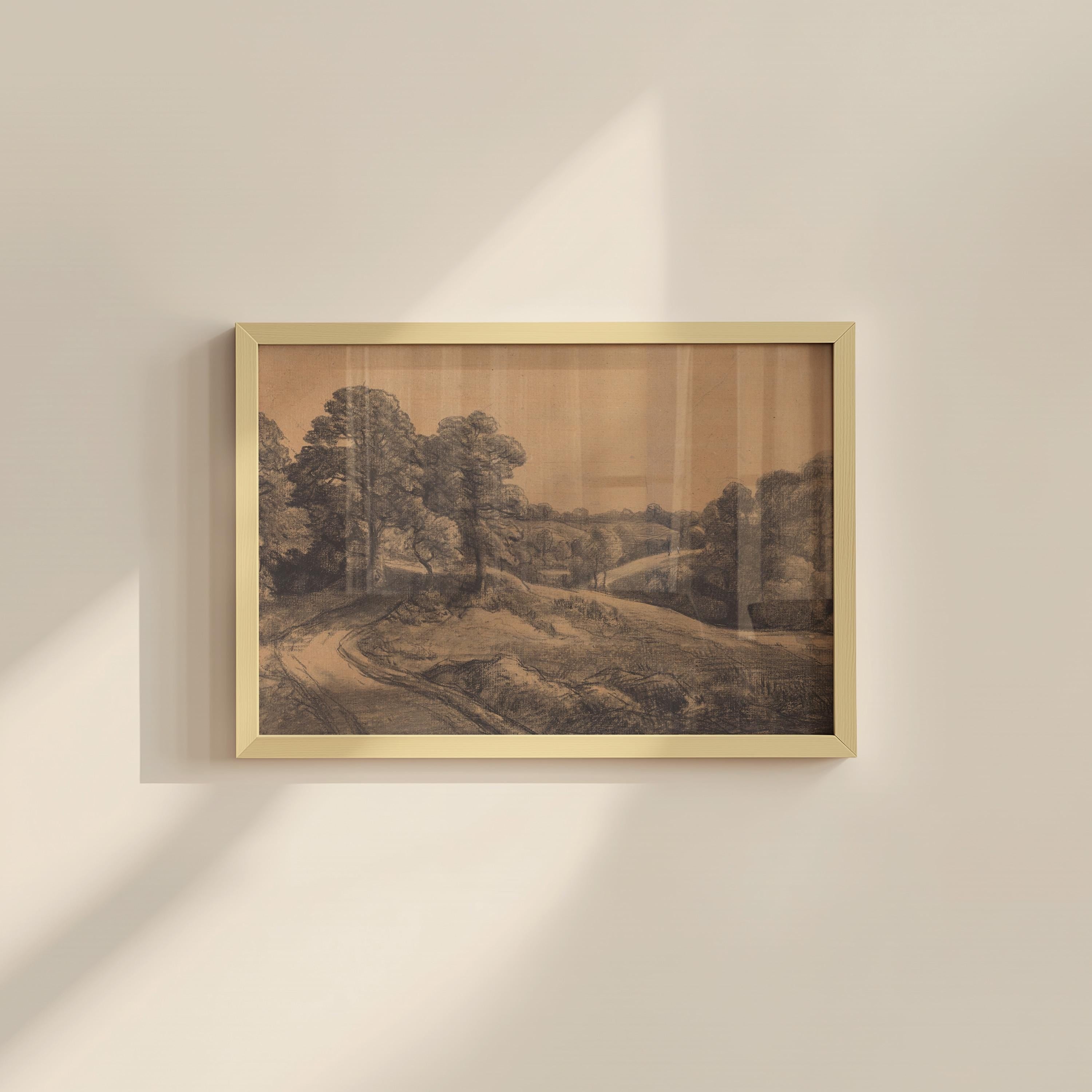 Landscape View Art Print: Neutral Vintage Landscape Sketch (Digital Download)