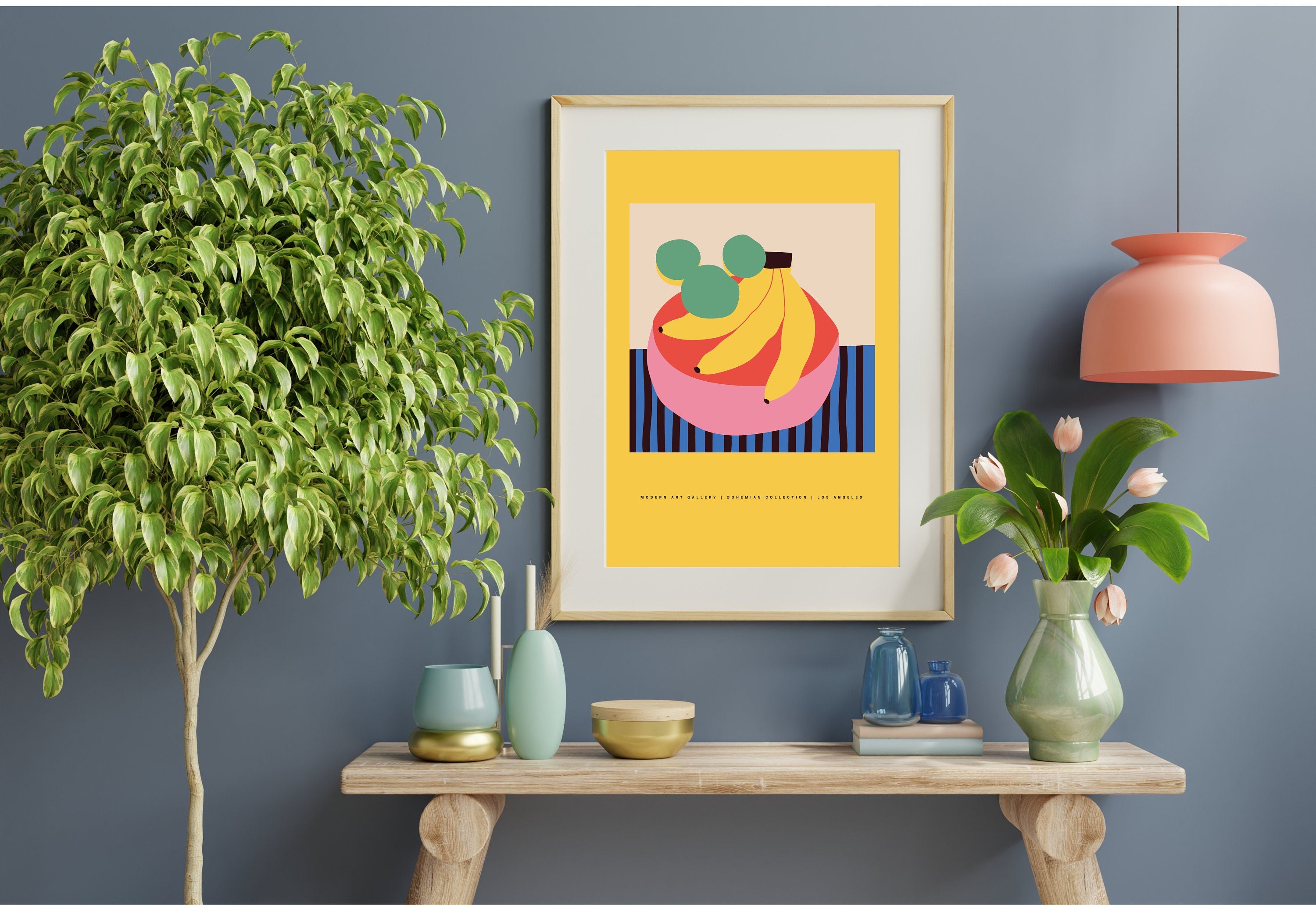 art prints kitchen: Artistic rendition of a busy market selling bananas in digital print form.