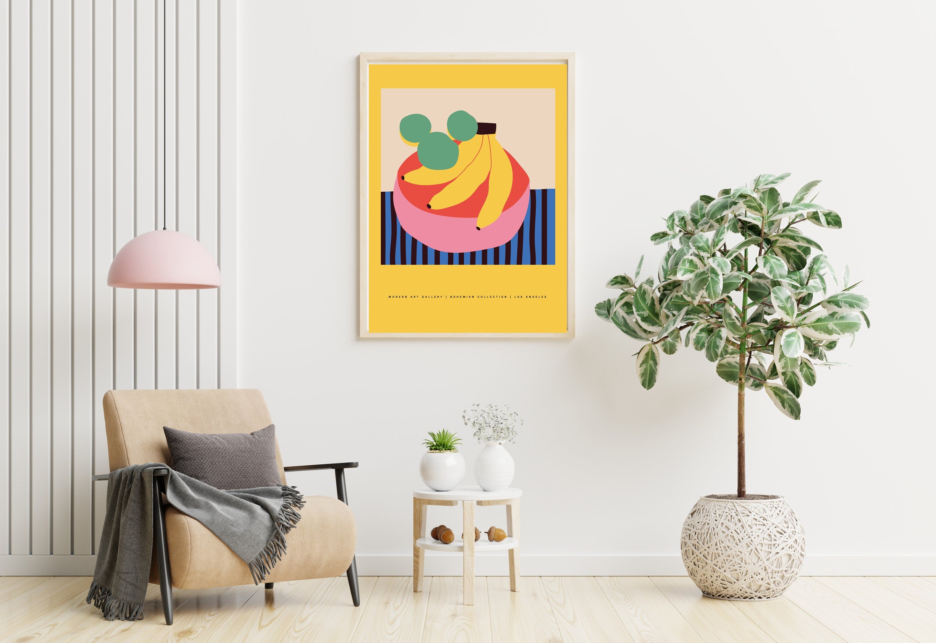 Digital print depicting a vibrant banana market full of lively trade.