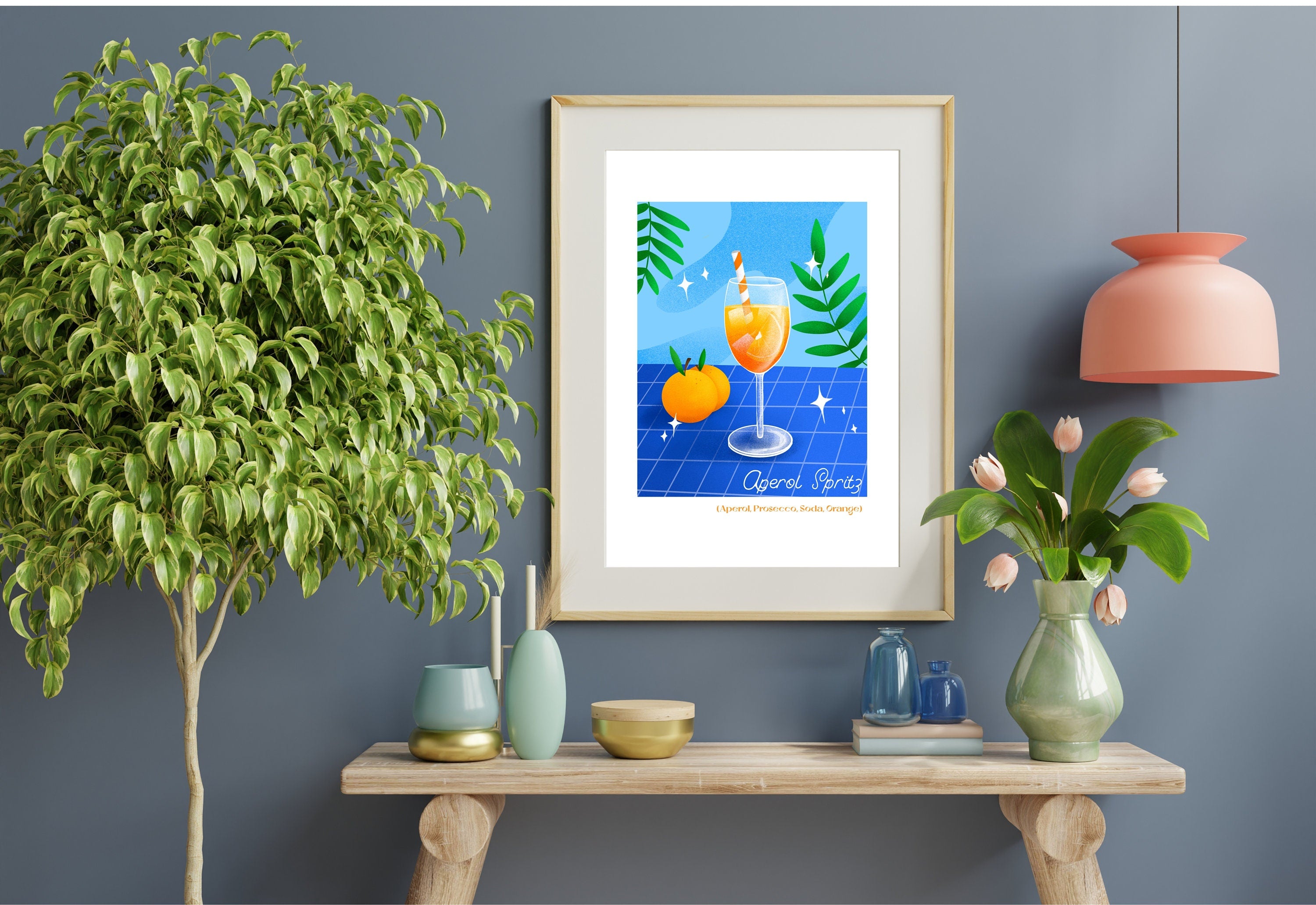 Modern digital art print of Aperol Spritz, capturing the drink's vibrant orange hue and refreshing vibe