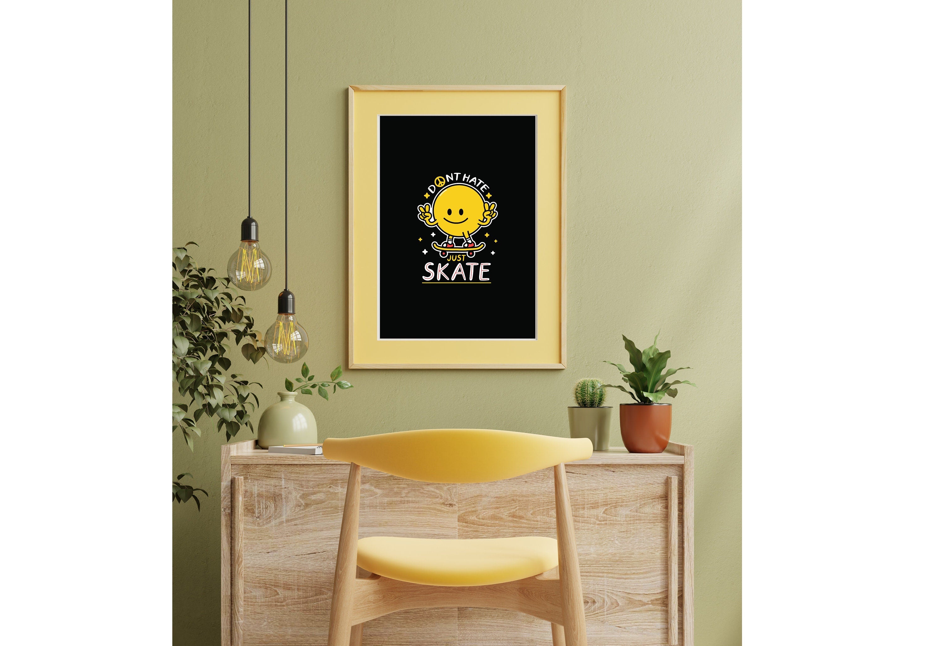 Sakteboard smiley art-Digital Prints-Skateboard Art Print-Large Digital Print Art-Kids Room Art Print-Fun Skateboarding Art-Black and Yellow