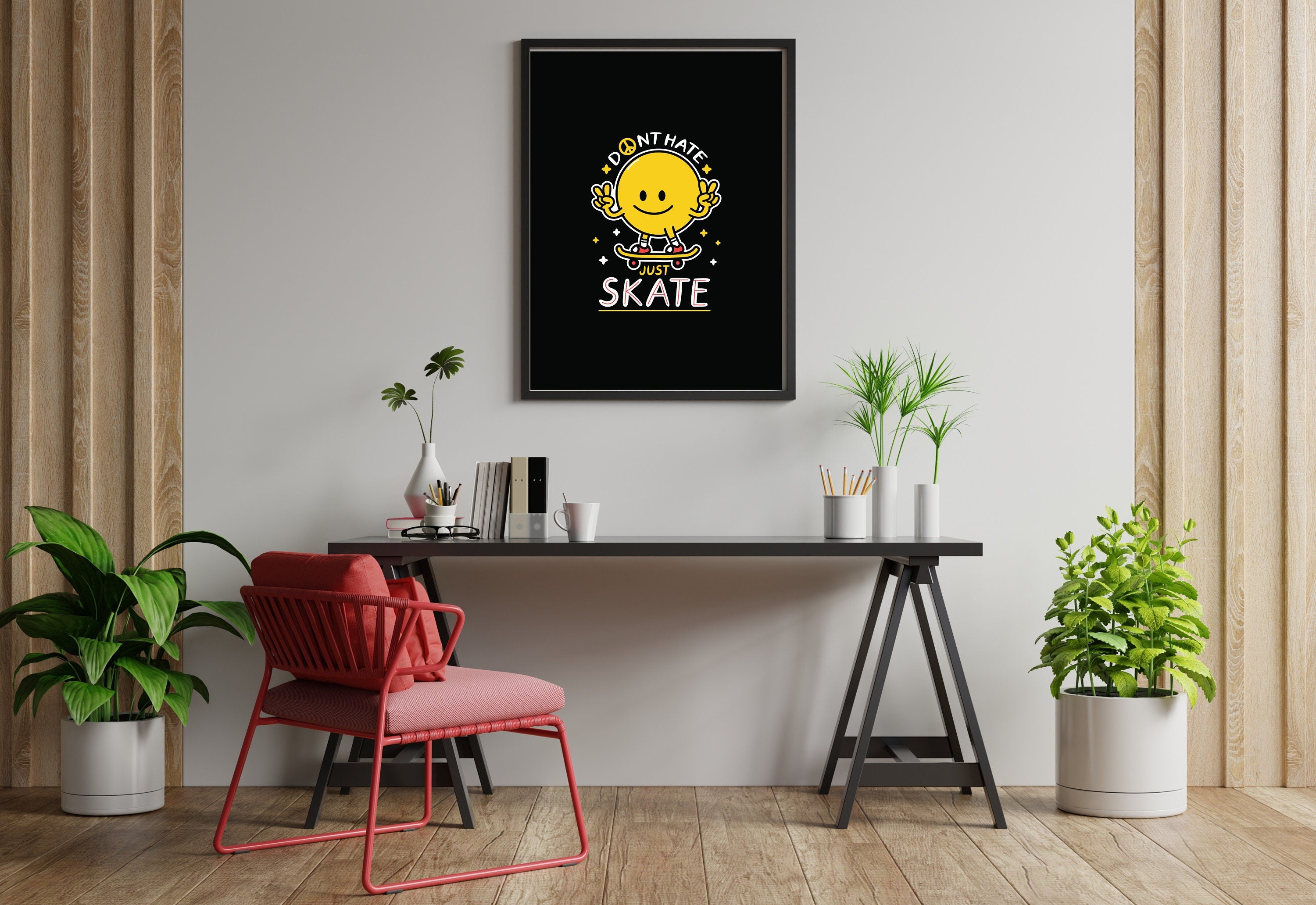 Sakteboard smiley art-Digital Prints-Skateboard Art Print-Large Digital Print Art-Kids Room Art Print-Fun Skateboarding Art-Black and Yellow