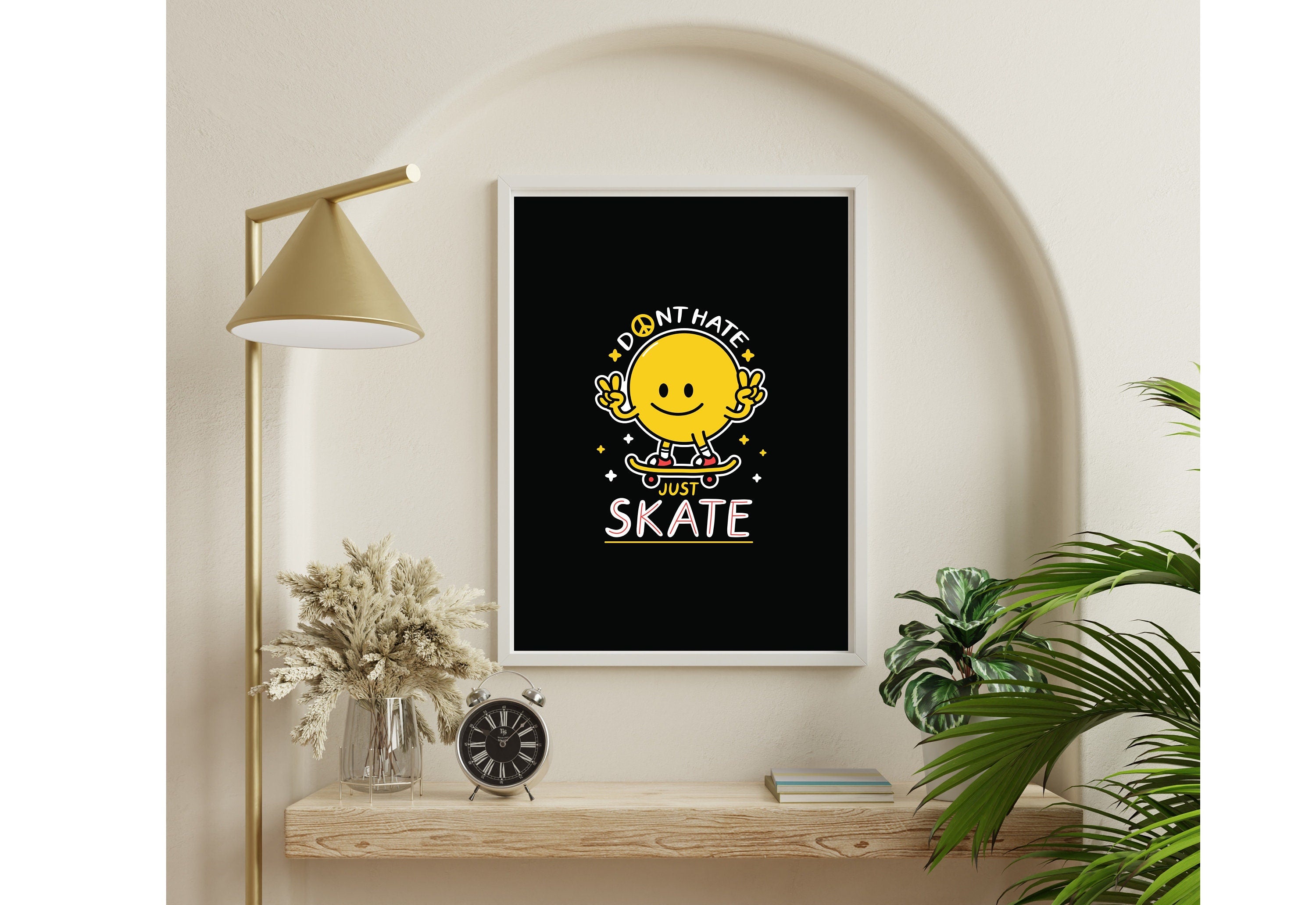 Sakteboard smiley art-Digital Prints-Skateboard Art Print-Large Digital Print Art-Kids Room Art Print-Fun Skateboarding Art-Black and Yellow