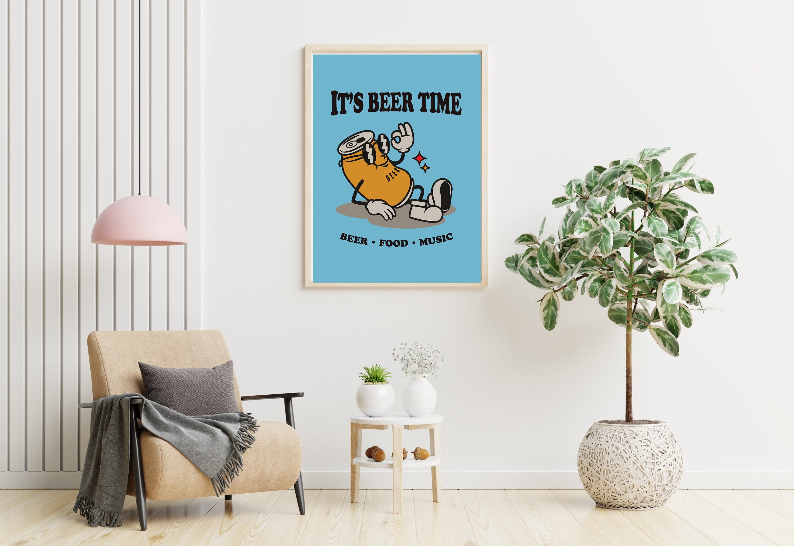 Modern 'Beer Time' artwork with a graphic beer mug, suitable for a home pub or entertainment space.