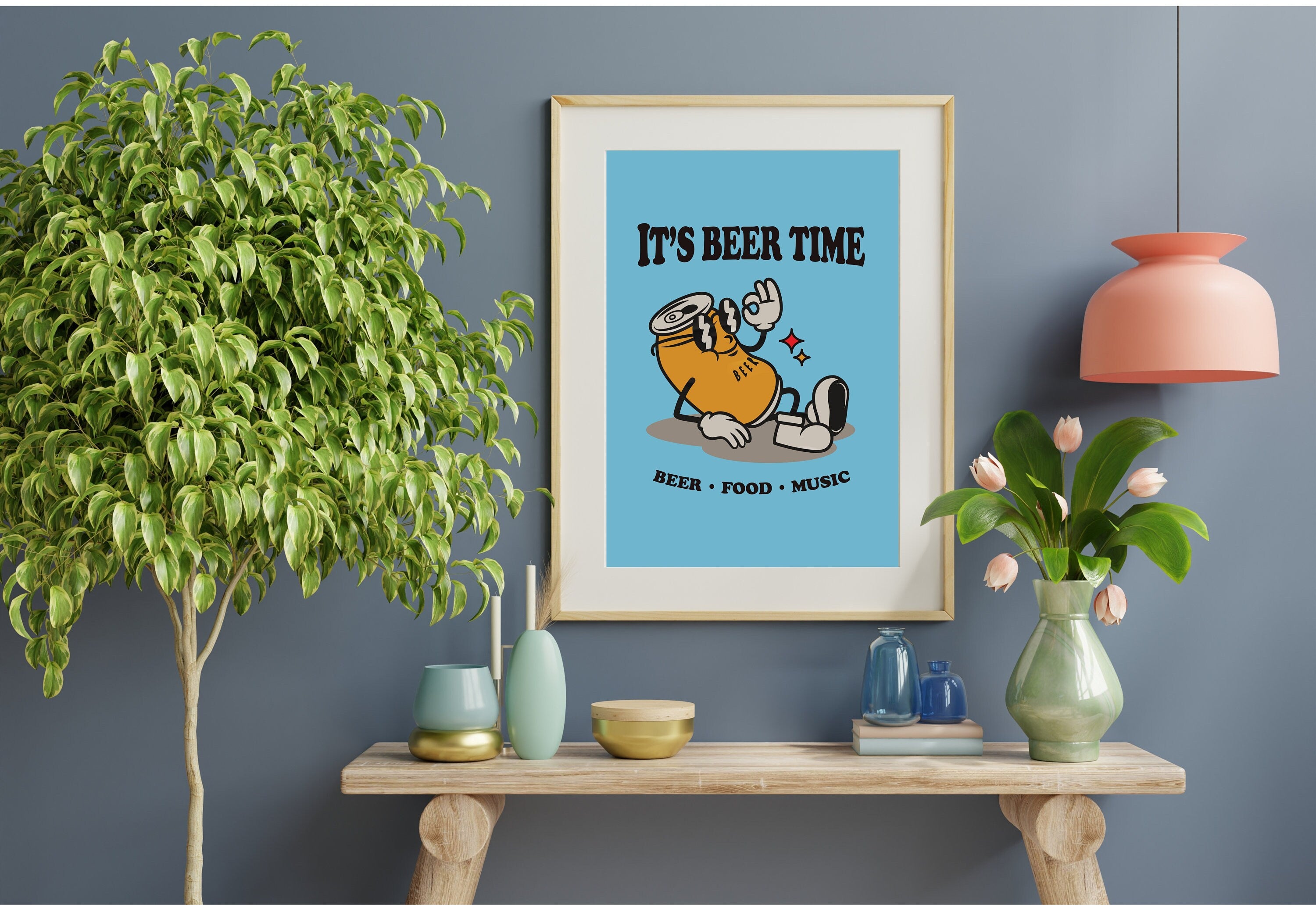 Digital art print depicting a frothy mug of beer with 'Beer Time' lettering, perfect for bar or man cave decor.