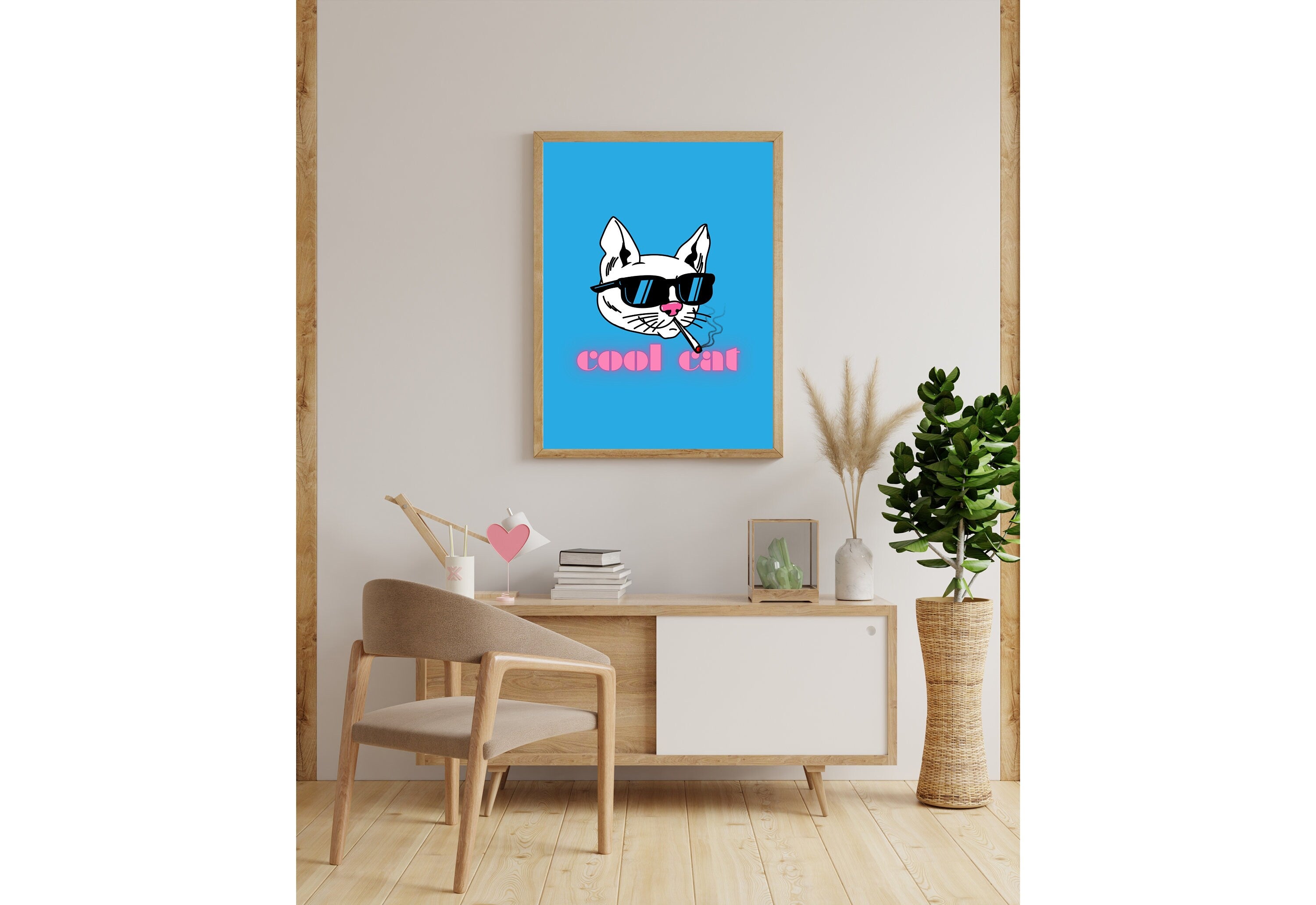 Cool Cat Art-Digital Prints-Wall Print-Retro Silly Decor-Girly Print-Downloadable Art-Large Print-Funny Art-Cat Art Print-Kitten Art Prints