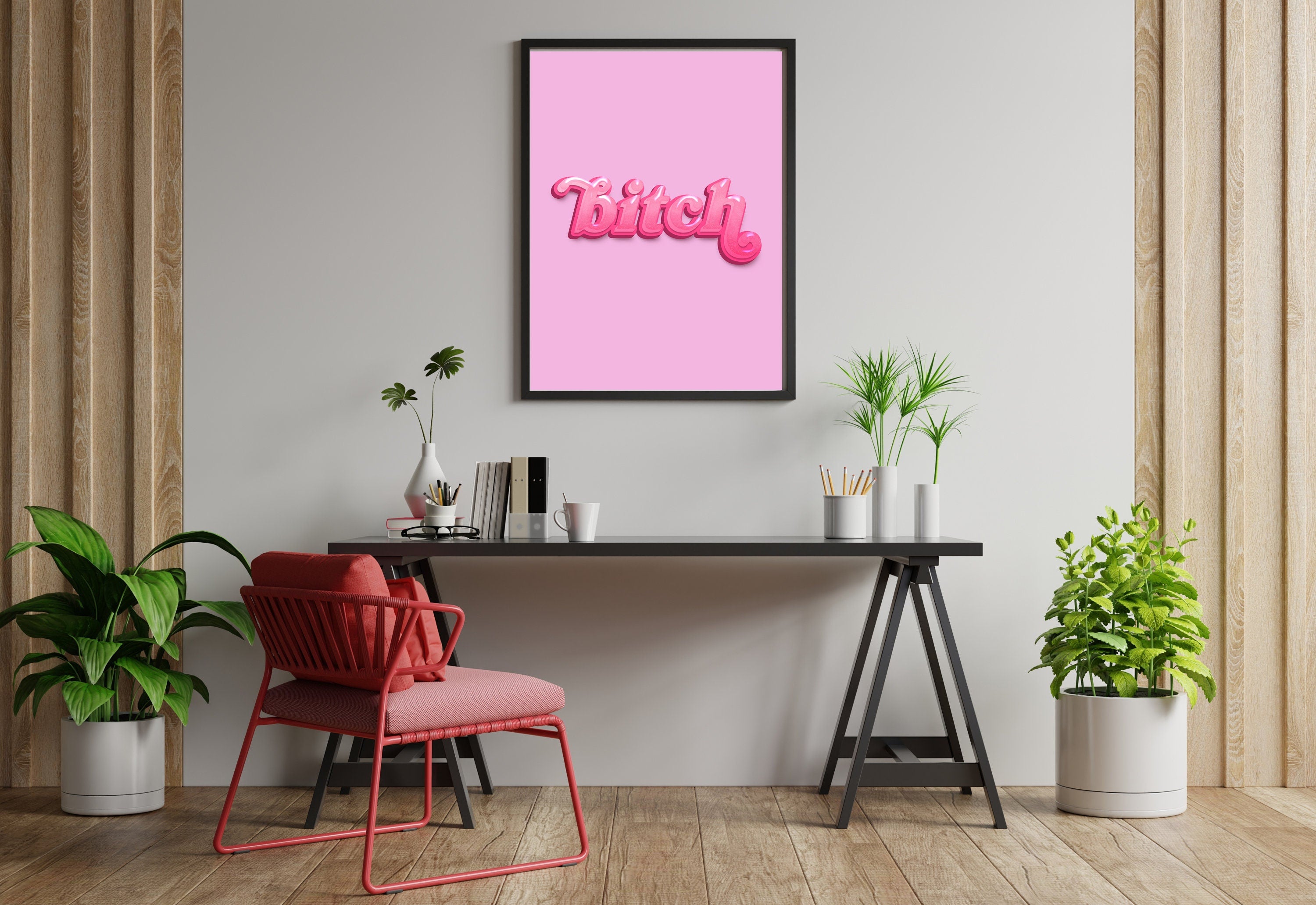 Enhance your space with the empowering 'Bitch Hot Pink Digital Art Print,' a stylish addition to any room.