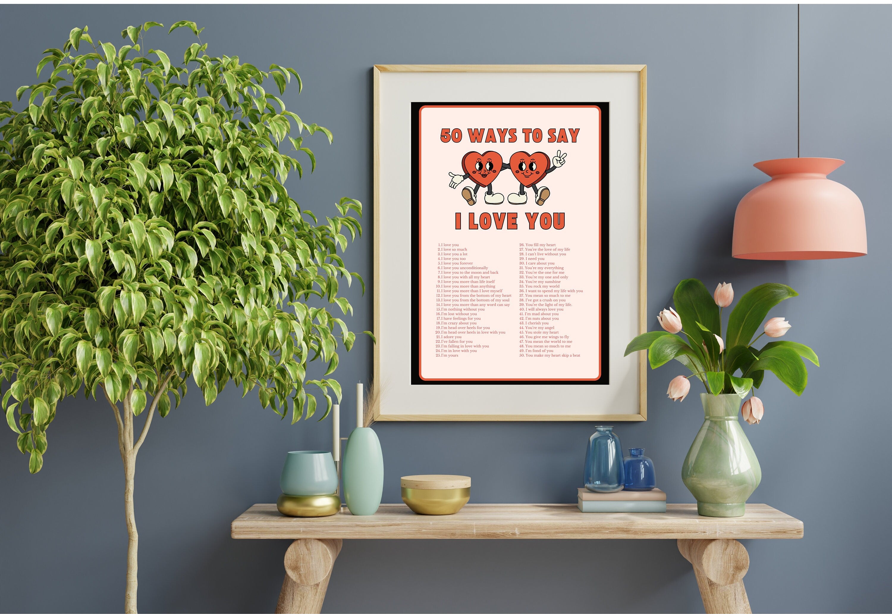 Digital art print showcasing 50 unique and creative expressions of 'I Love You' in various fonts and colors.