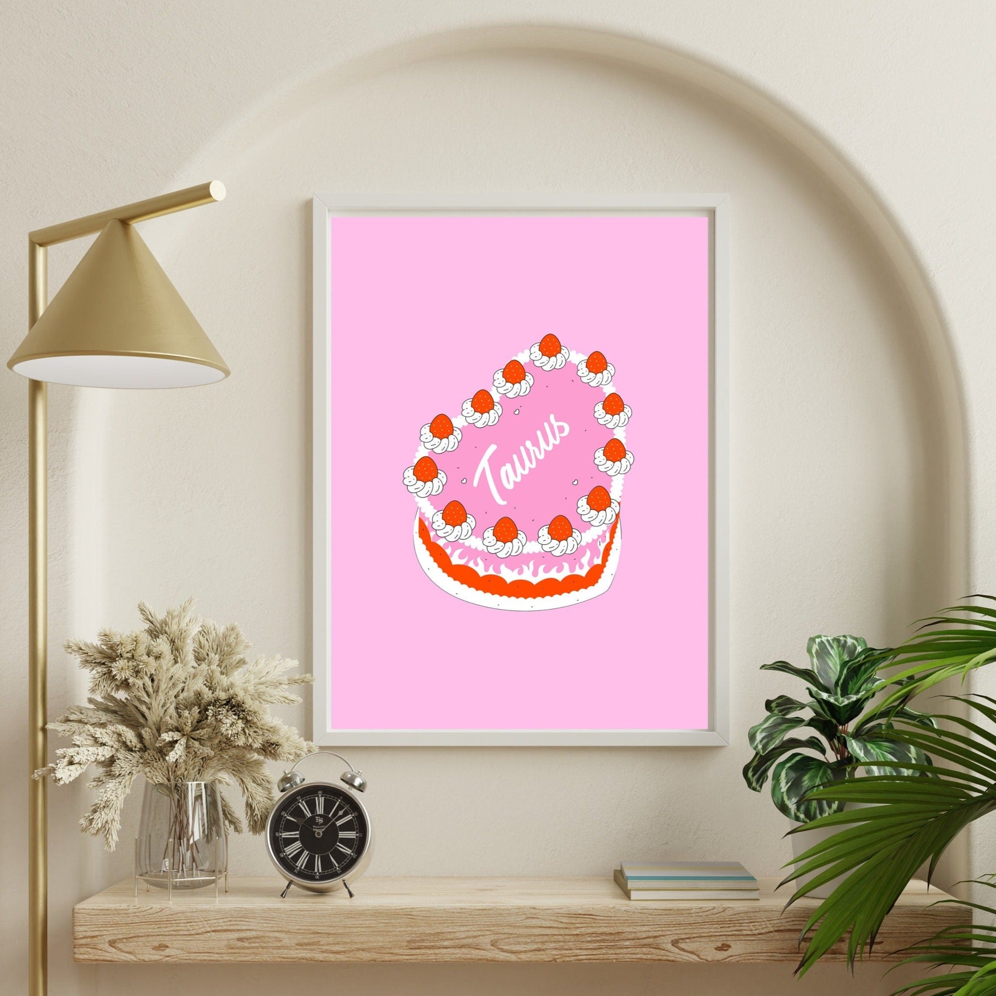 Taurus Poster, Zodiac Taurus Cake Art, Retro Vintage Cake Wall Decor, Large Printable Art, Taurus Zodiac Prints, Cute Pink Wall Art