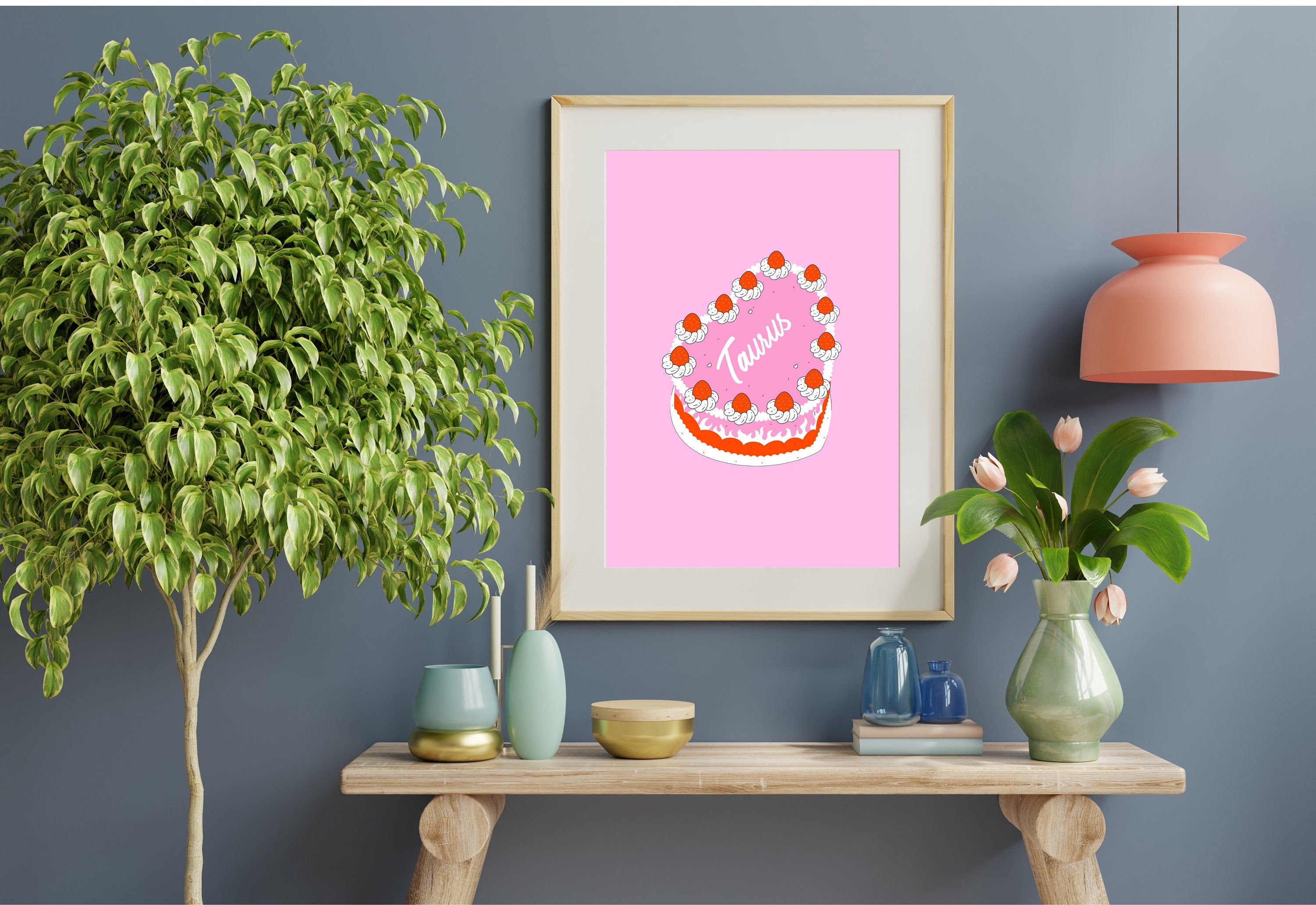 Taurus Poster, Zodiac Taurus Cake Art, Retro Vintage Cake Wall Decor, Large Printable Art, Taurus Zodiac Prints, Cute Pink Wall Art