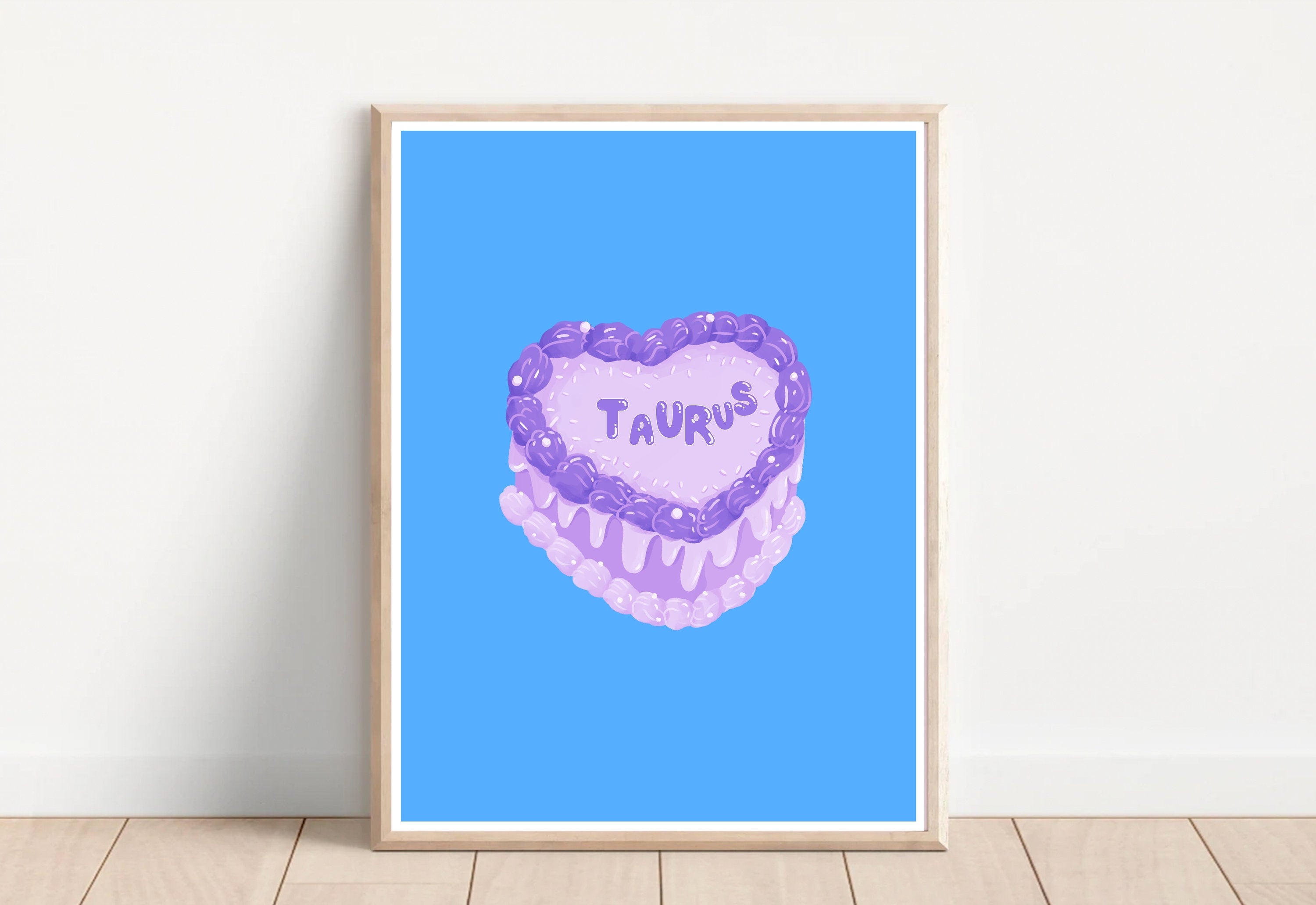 Taurus Poster, Zodiac Taurus Cake Art, Retro Vintage Cake Wall Decor, Large Printable Art, Taurus Zodiac Prints, Cute Pink Wall Art