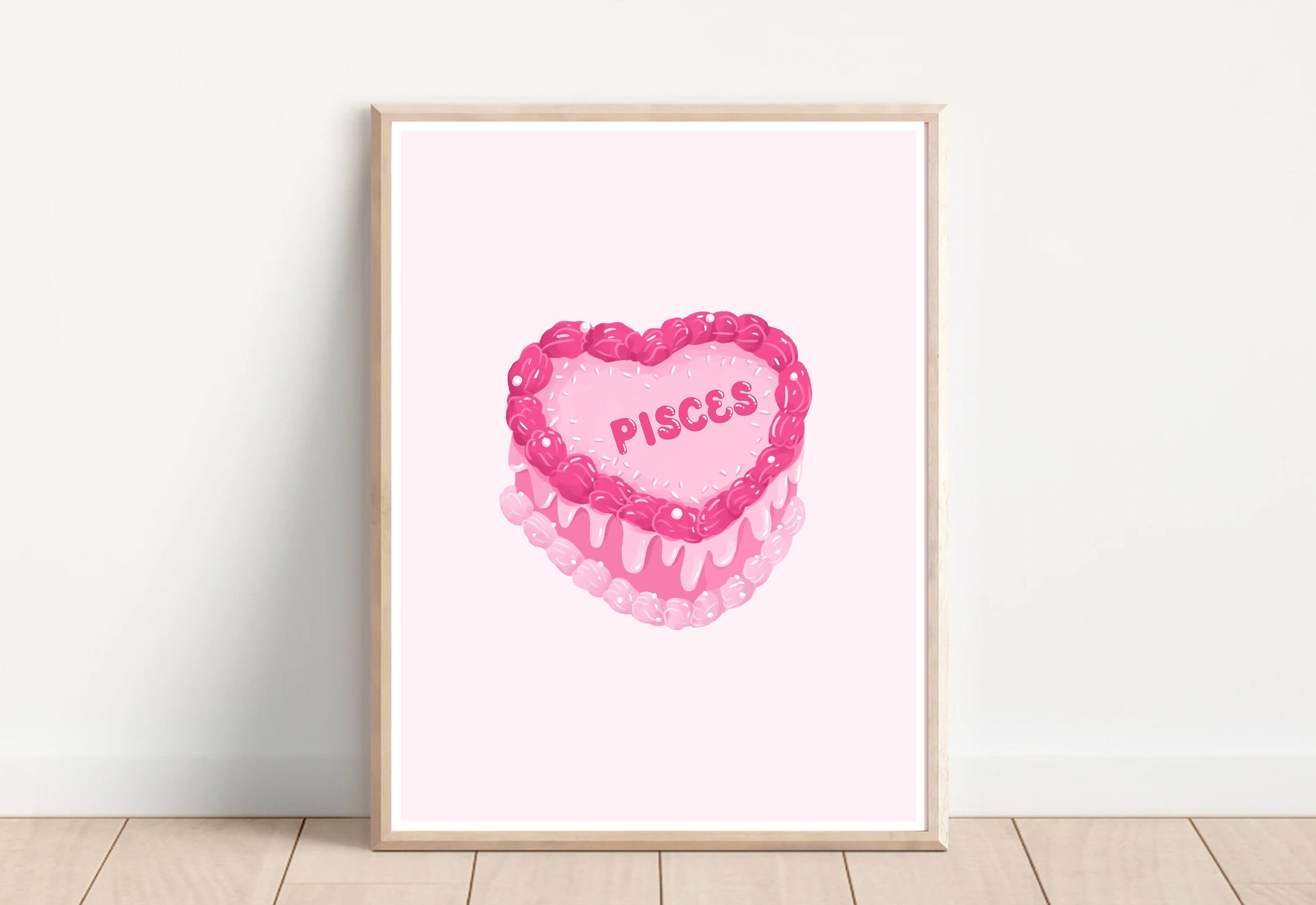 Pisces Zodiac Poster, Zodiac Picses Cake Print, Retro Vintage Cake Wall Art, Large Printable Art, Cake Downloadable Prints, Pink Wall Art