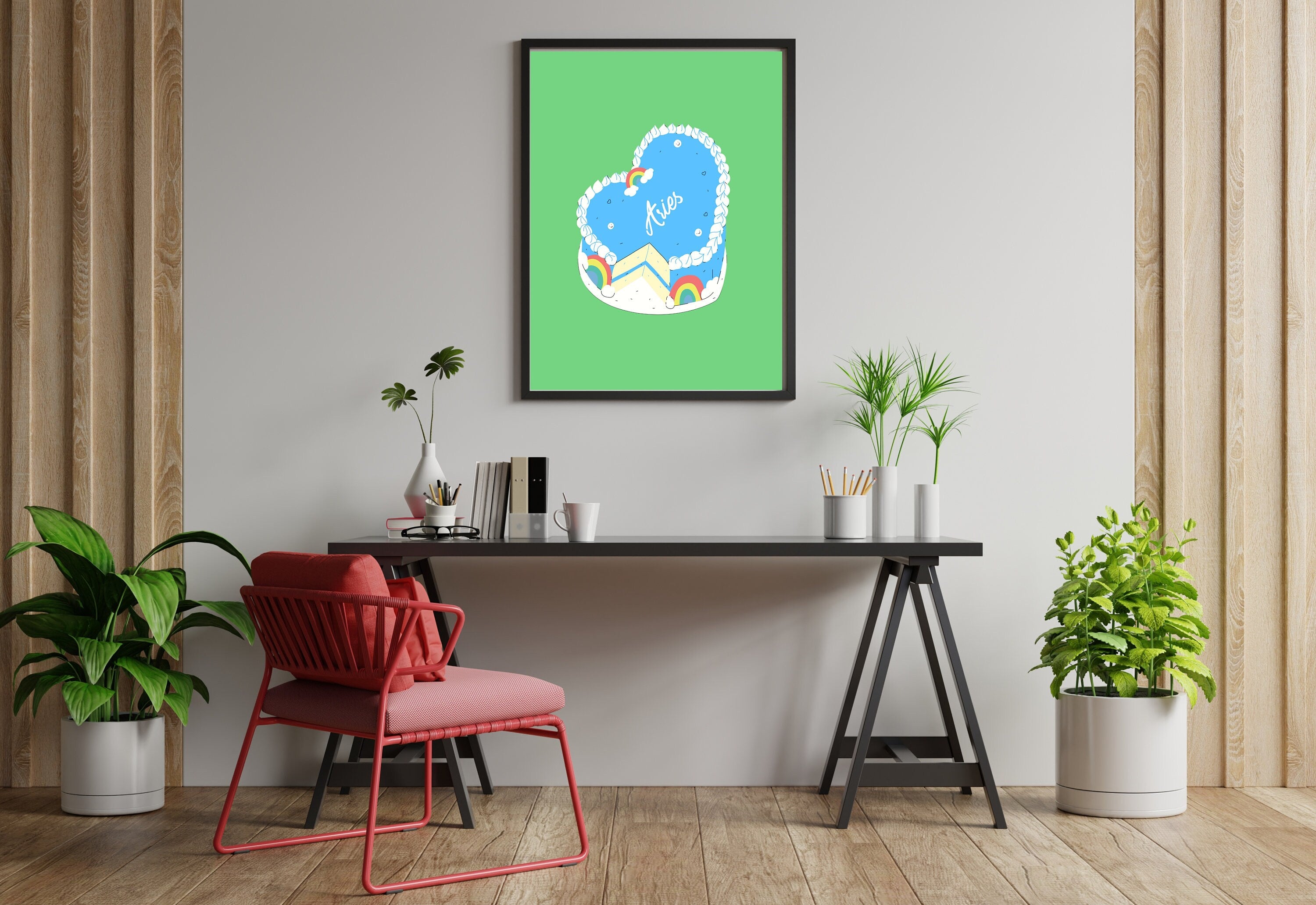Green digital art print of an Aries-themed cake poster, featuring a stylized ram design atop a cake, available at GS Print Shoppe