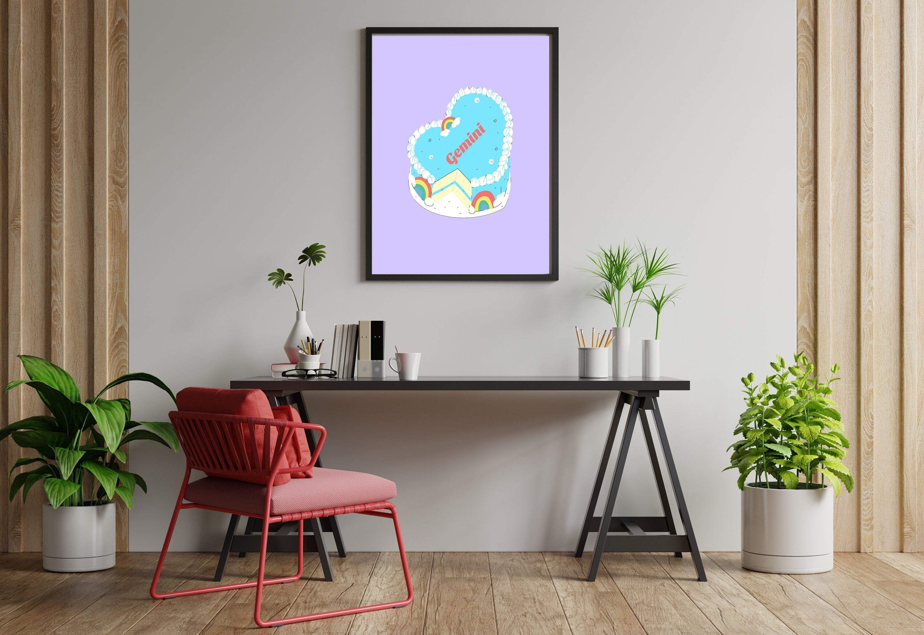 Gemini Zodiac Poster, Zodiac Gemini Cake Print, Retro Vintage Cake Wall Art, Large Printable Art, Cake Downloadable Prints, Purple Wall Art