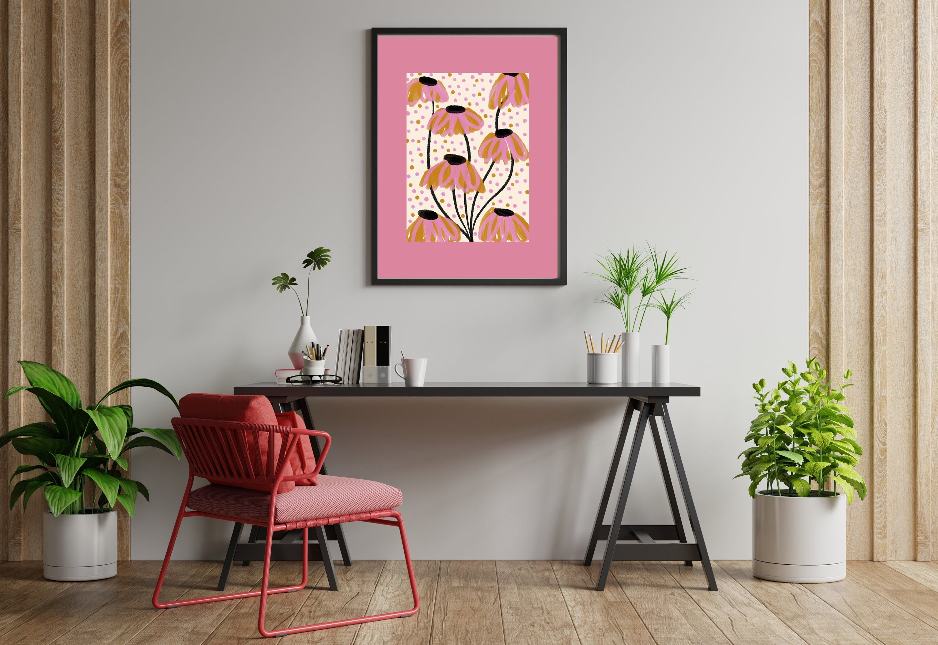 This vibrant bouquet of pink flowers digital art print is perfect for adding a touch of elegance and sophistication to any home décor. The print is available in a variety of sizes to fit any space, and is sure to make a statement in any room.