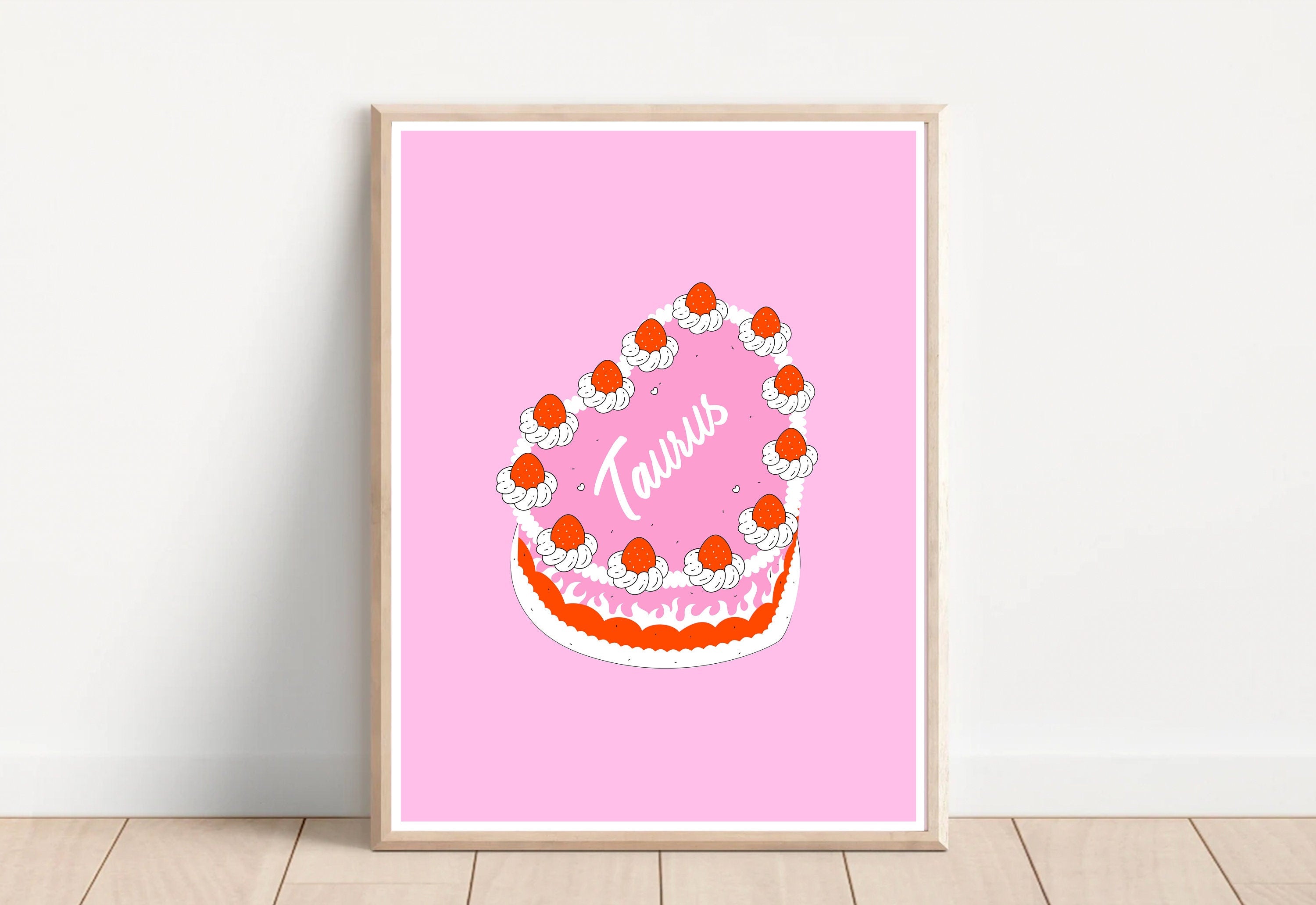 Taurus Poster, Zodiac Taurus Cake Art, Retro Vintage Cake Wall Decor, Large Printable Art, Taurus Zodiac Prints, Cute Pink Wall Art