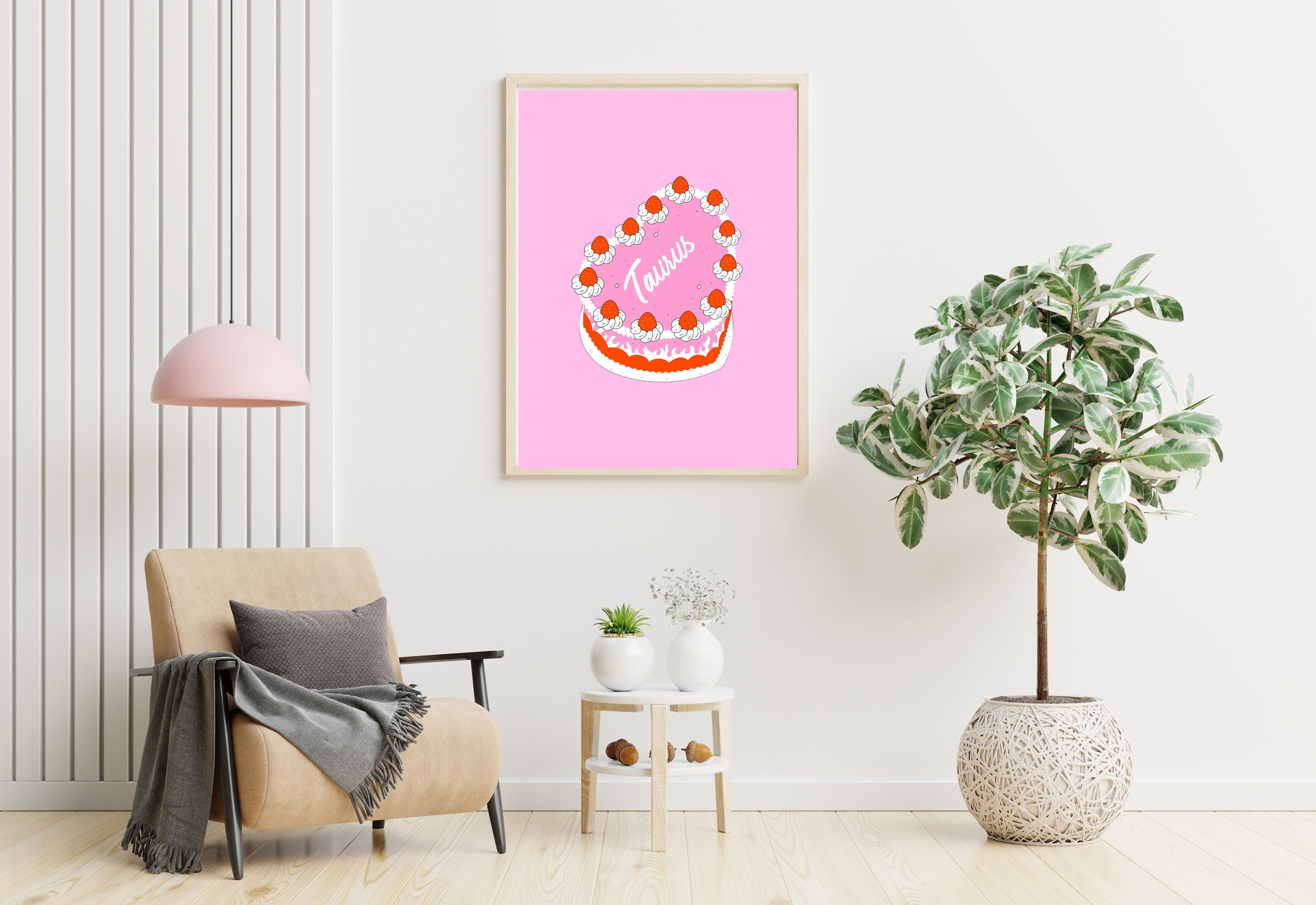 Taurus Poster, Zodiac Taurus Cake Art, Retro Vintage Cake Wall Decor, Large Printable Art, Taurus Zodiac Prints, Cute Pink Wall Art