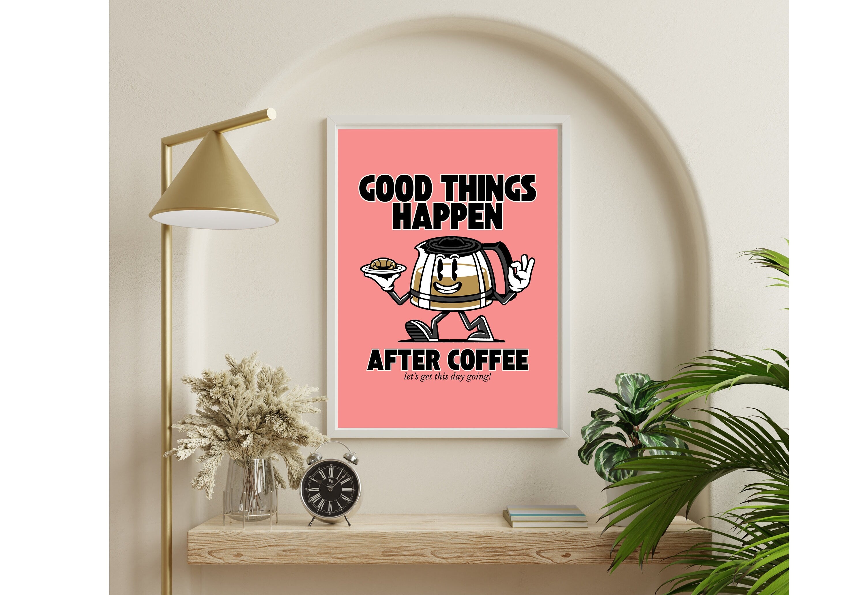 Good things happen after coffee-Digital Prints-Retro Art Quote-Office A-Kitchen Art-Coffee Art Print-Coffee Cartoon Print-Retro Wall Art