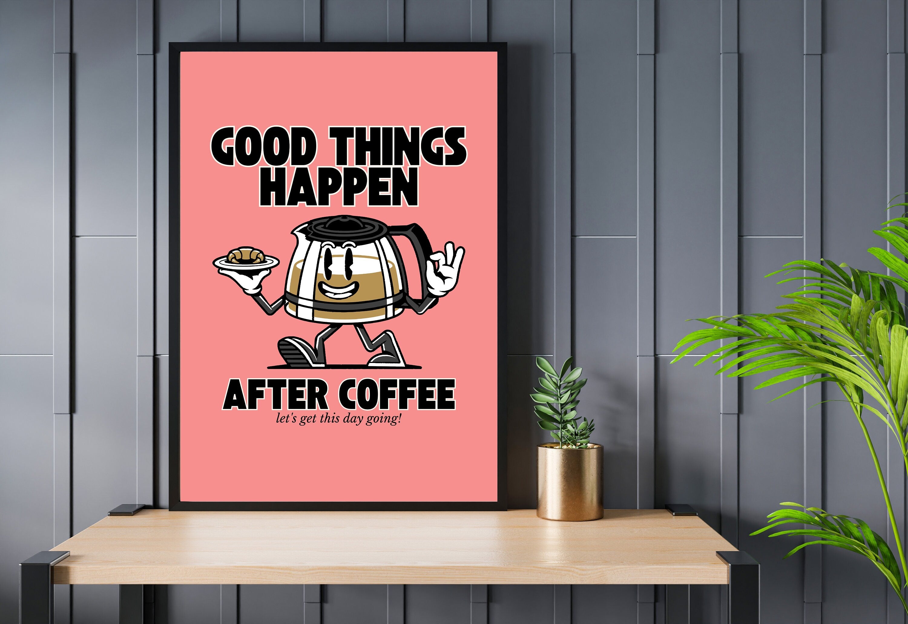 Good things happen after coffee-Digital Prints-Retro Art Quote-Office A-Kitchen Art-Coffee Art Print-Coffee Cartoon Print-Retro Wall Art