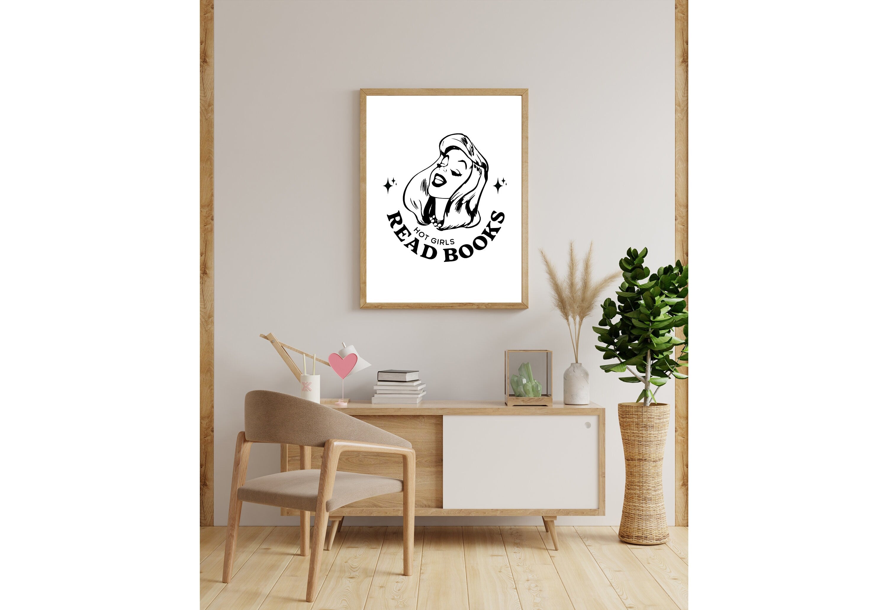 Hot Girls Read-Large Wall Art-White Wall Print-Retro Cartoon Art-Downloadable Print-Reading Art Prints-Living Room Decor-Funny Wall Art