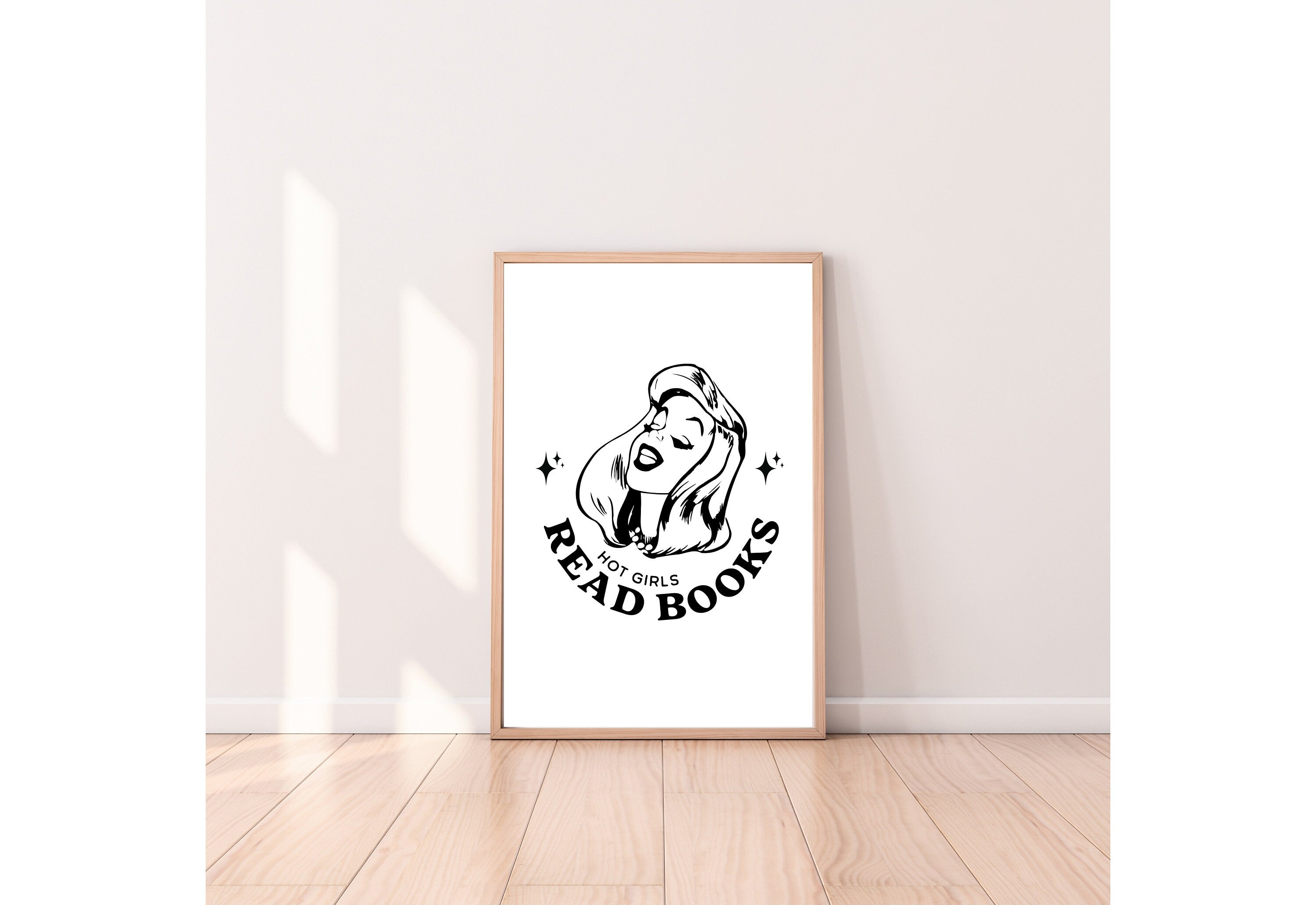 Hot Girls Read-Large Wall Art-White Wall Print-Retro Cartoon Art-Downloadable Print-Reading Art Prints-Living Room Decor-Funny Wall Art