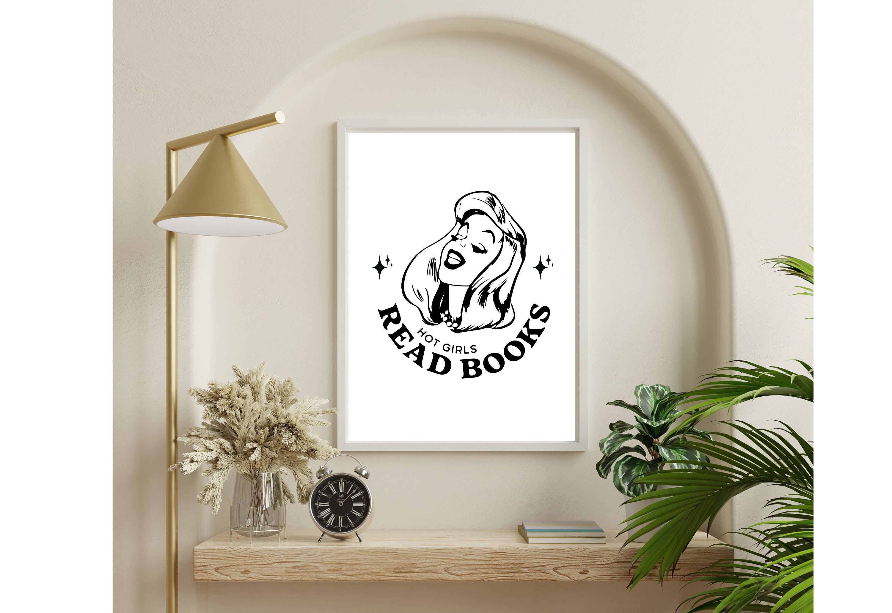 Hot Girls Read-Large Wall Art-White Wall Print-Retro Cartoon Art-Downloadable Print-Reading Art Prints-Living Room Decor-Funny Wall Art