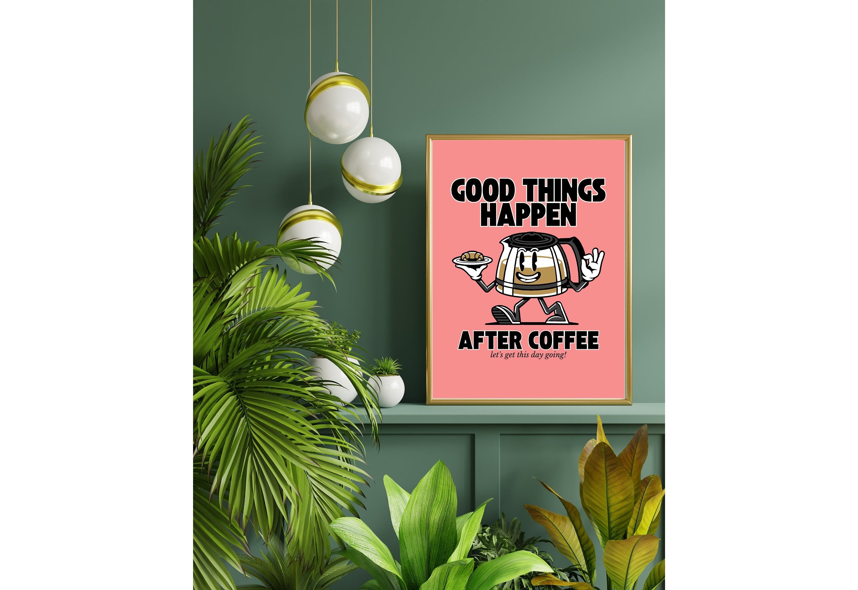 Good things happen after coffee-Digital Prints-Retro Art Quote-Office A-Kitchen Art-Coffee Art Print-Coffee Cartoon Print-Retro Wall Art