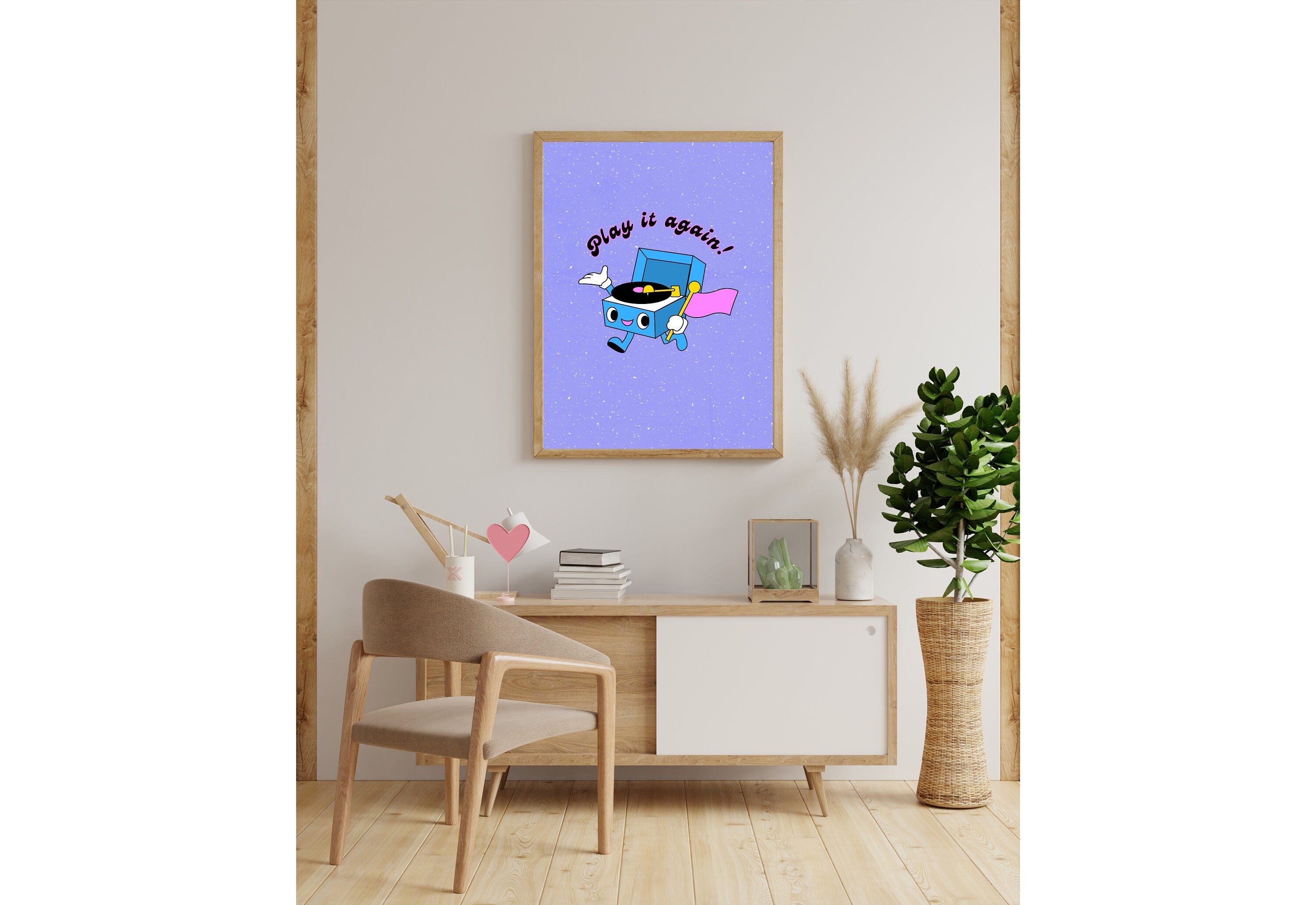 Play it Again-Digital Download-Oversized Wall Art-Downloadable Print-Heart Art Print-Retro Character Art-Trendy Posters-Vintage Mascot Art