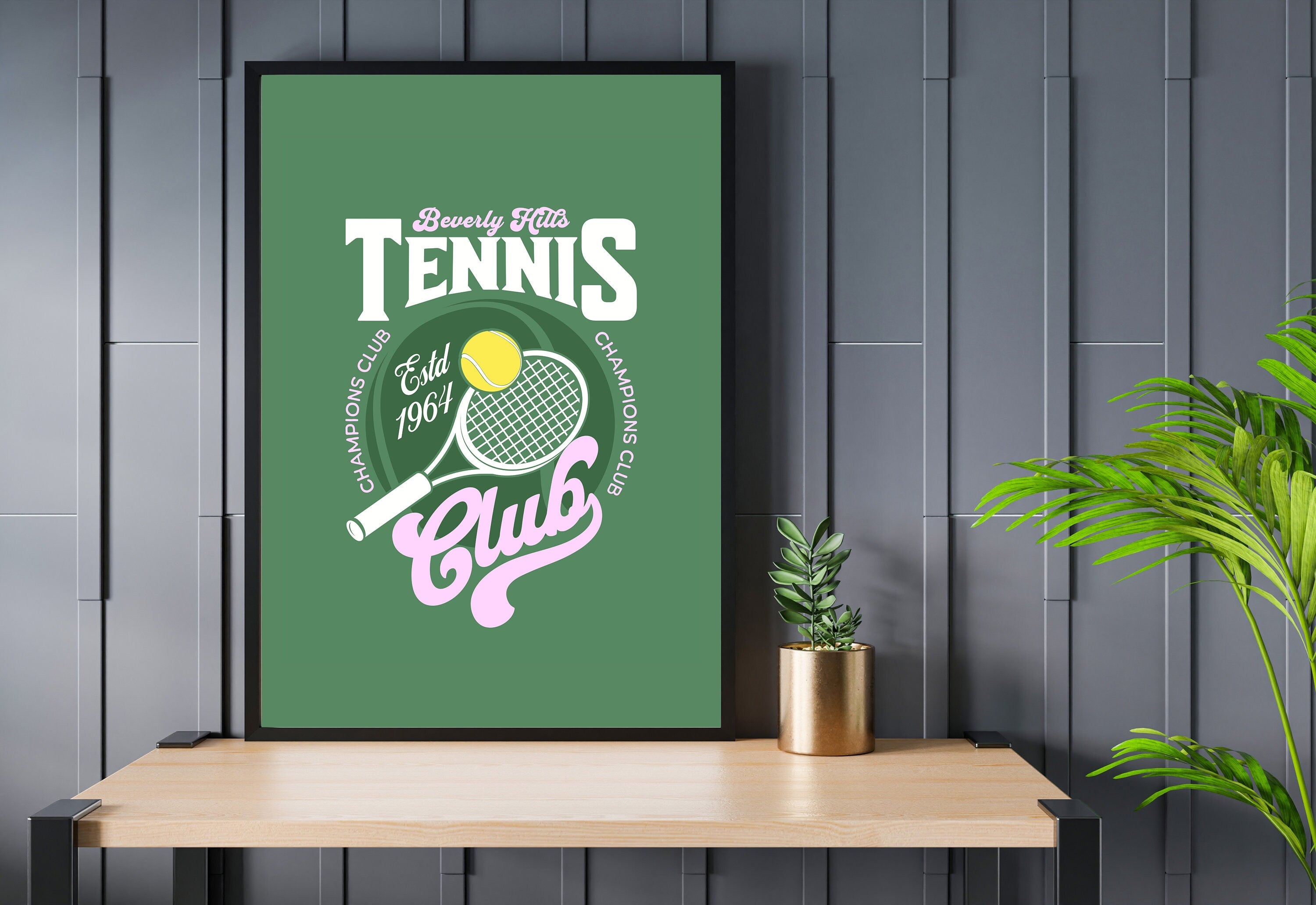 Detailed shot showcasing the tennis rackets and classic tennis club design in the print.