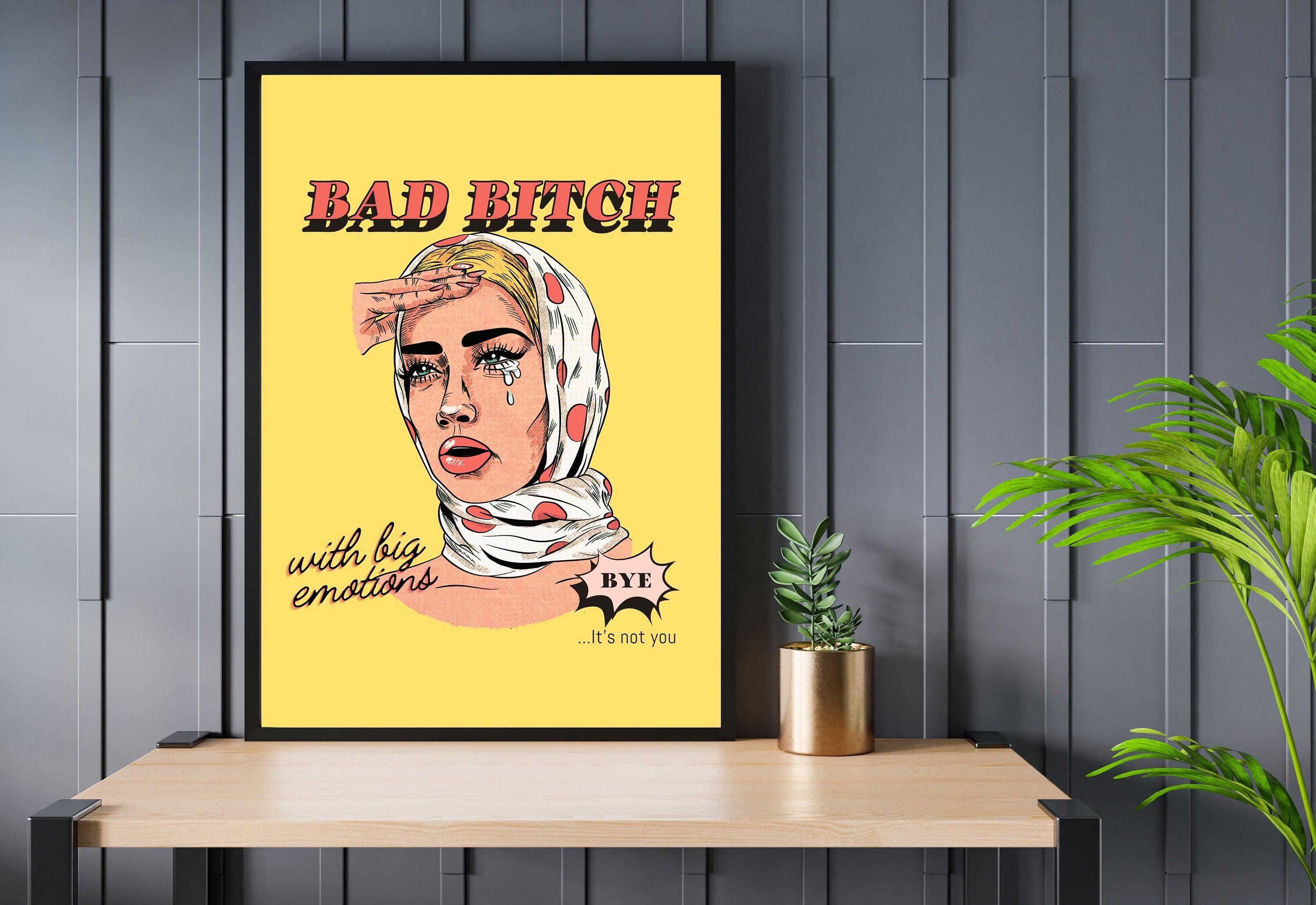 Showcase your fierce side with the 'Bad Bitch' digital art print, a striking addition to any room looking for a touch of bold inspiration.